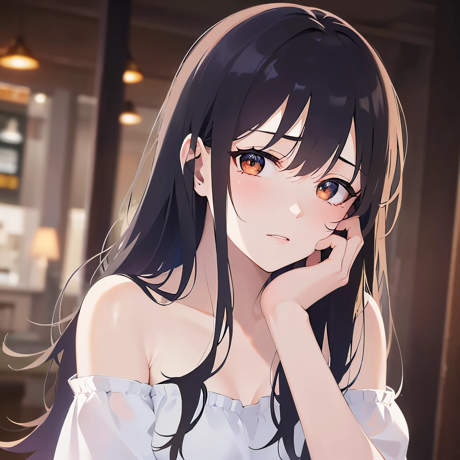 (hand on own face:1.3), Upper Body, Realistic, real person, (pale skin: 1.2), RAW photo, photorealistic, shiny skin, shiny hair、(A 25-year-old woman with medium-length hair and bangs) and (wavy hair) and (brown hair) and (Orange Eyes) , (white) and (off shoulder blouse) 、(sad:1.5), tears, The background is the interior of a restaurant at night.、Alone、Are standing