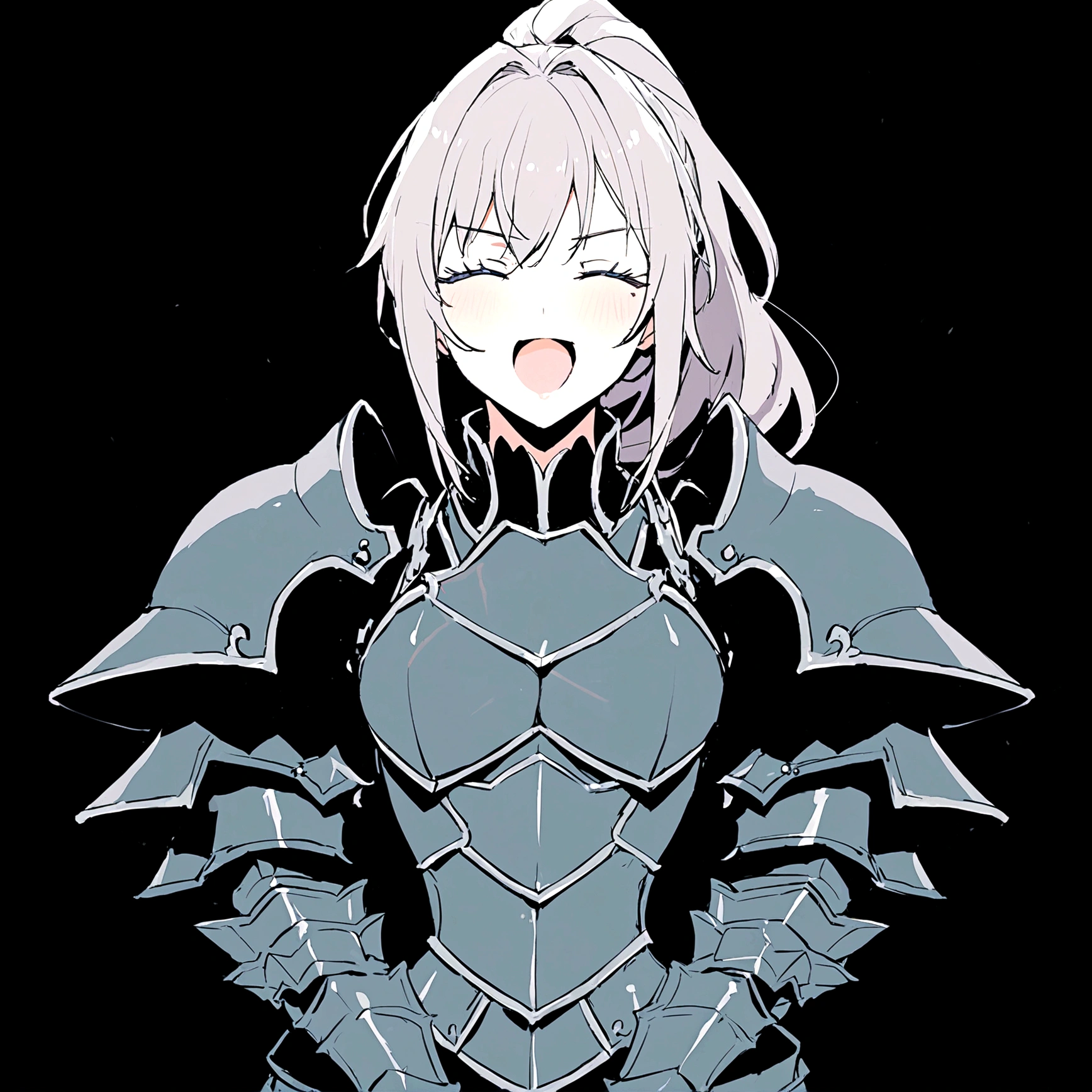 Beautiful girl knight in armor, Gray Hair, fantastic, Face your body forward like a certificate photo, shoot from front, Ponytail, Armor Girl, beautiful female knight, Female Paladin, upper body shot, drawing both arms, closed eyes