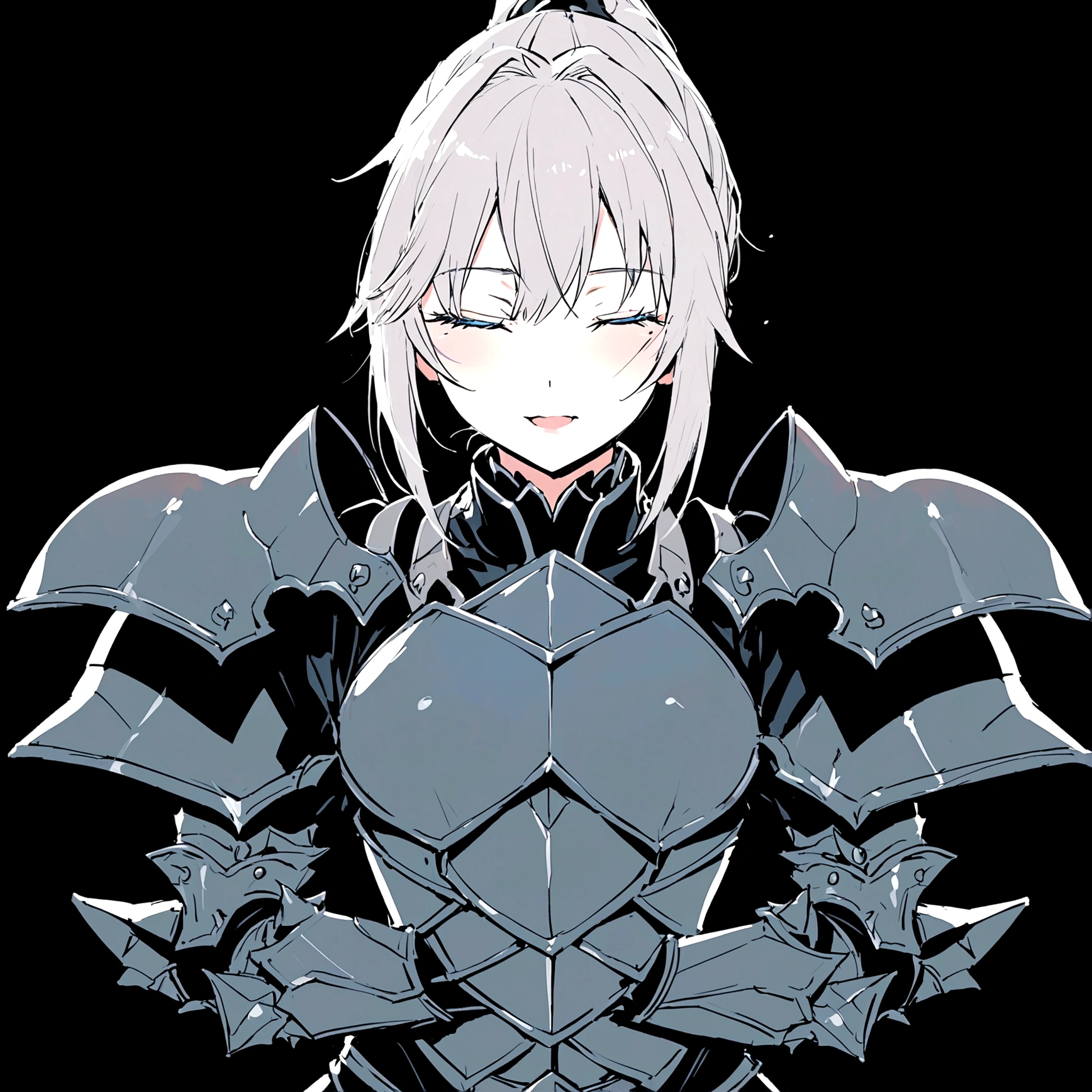 Beautiful girl knight in armor, Gray Hair, fantastic, Face your body forward like a certificate photo, shoot from front, Ponytail, Armor Girl, beautiful female knight, Female Paladin, upper body shot, drawing both arms, closed eyes