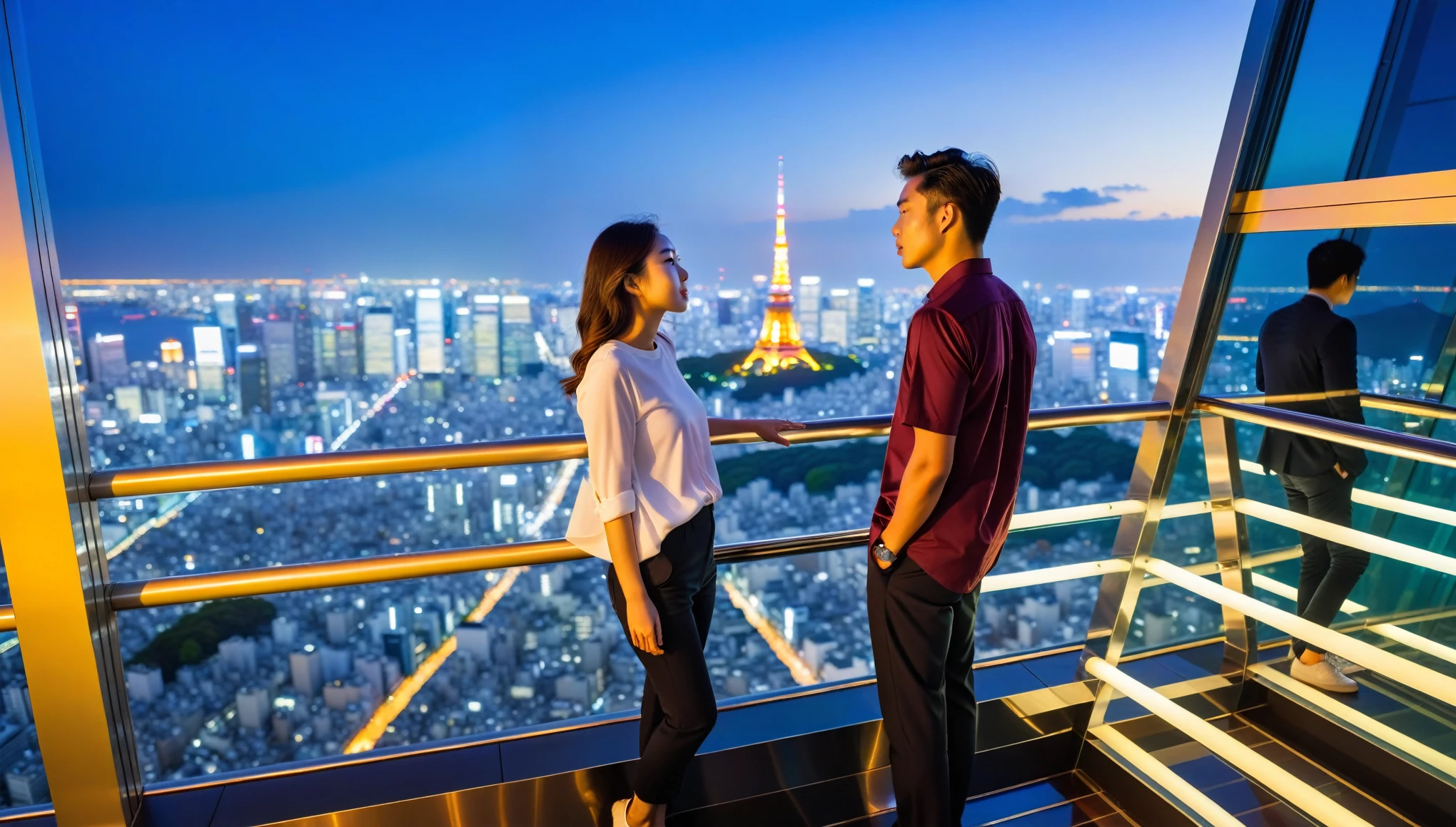 A couple stands on a high-rise observation deck, overlooking a breathtaking panorama of Tokyo at twilight. The cityscape stretches out before them, a vibrant tapestry of twinkling lights, towering skyscrapers, and bustling streets. They are positioned on a glass-enclosed stairway with bright yellow stripes, emphasizing the dizzying height and offering an unobstructed view of the metropolis. The man, wearing a maroon shirt, gestures towards the cityscape with his right hand while the woman beside him, in a white top and black pants, enjoys the view. The urban sprawl, aglow with a blue-tinged twilight hue, creates a sense of awe and wonder.