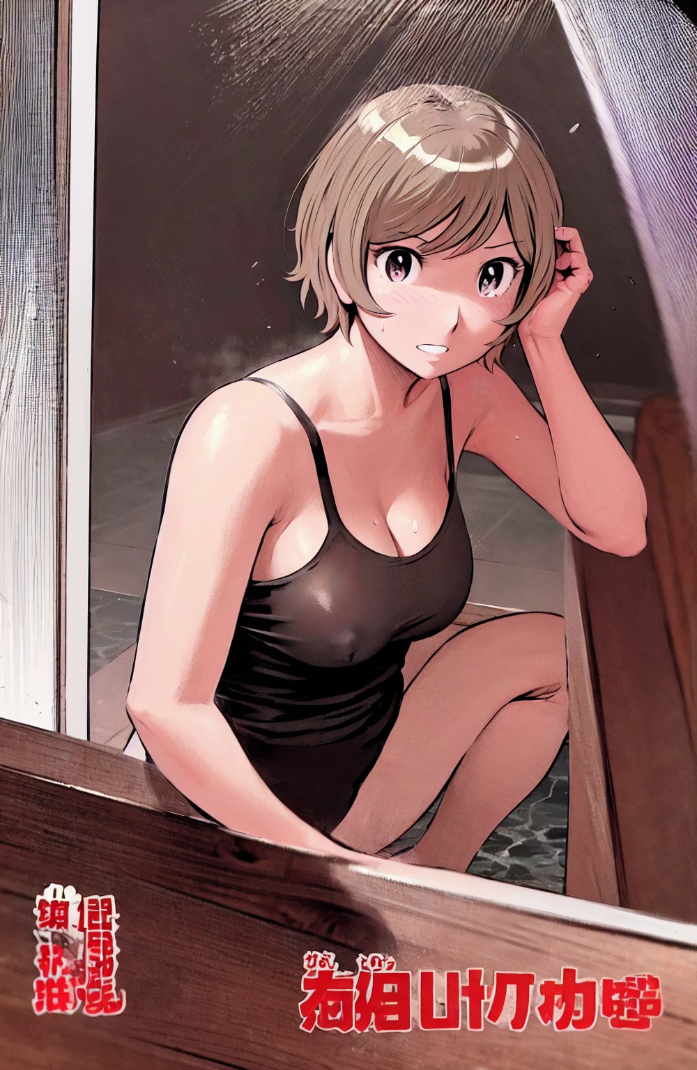 、(masterpiece、Highest quality)、Highest quality, Ultra-high resolution, (((masterpiece))), alone, Sweat、Big eyes, Composition from the front、Shortcuts、Embarrassed face、Bronze colored hair、Cut the back hair short、Bathroom、Shower scene、 Expose、Completely naked、pubic hair、belly button、Large areola、Nipples、short hair