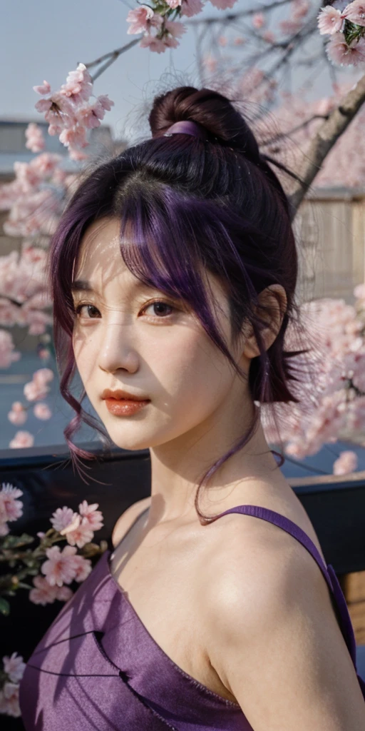high res, masterpiece,Sakura Matou,fate, purple hair, solo, 1girl,outside,deatailed background, detailed eyes,
