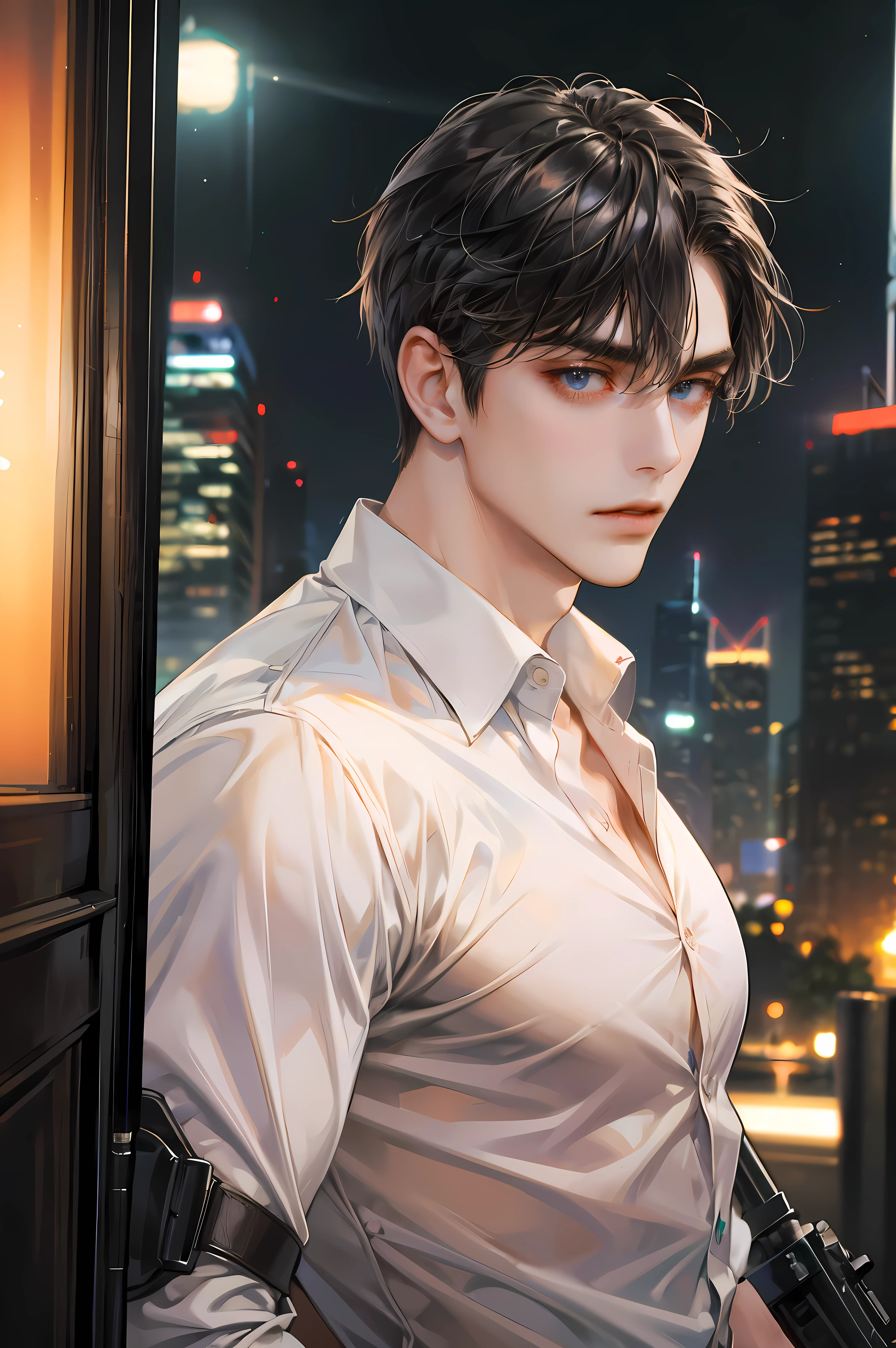 (absurdres, highres, ultra detailed, original character, HDR), 1 boy, solo, adult, handsome, ((tall muscular guy, broad shoulders)), finely detailed eyes, (black hair), hair between eyes, turquoise eyes, holographic, futuristic, casual and sexy outfit, gun holster, (body tight white shirt), ((large man breasts)), ((wearing an earring)), (portrait), dutch angle, face focused, british colonial scenery, dystopian hong kong city, skyscrapers, closed mouth, looking at viewer, depth of field, bokeh