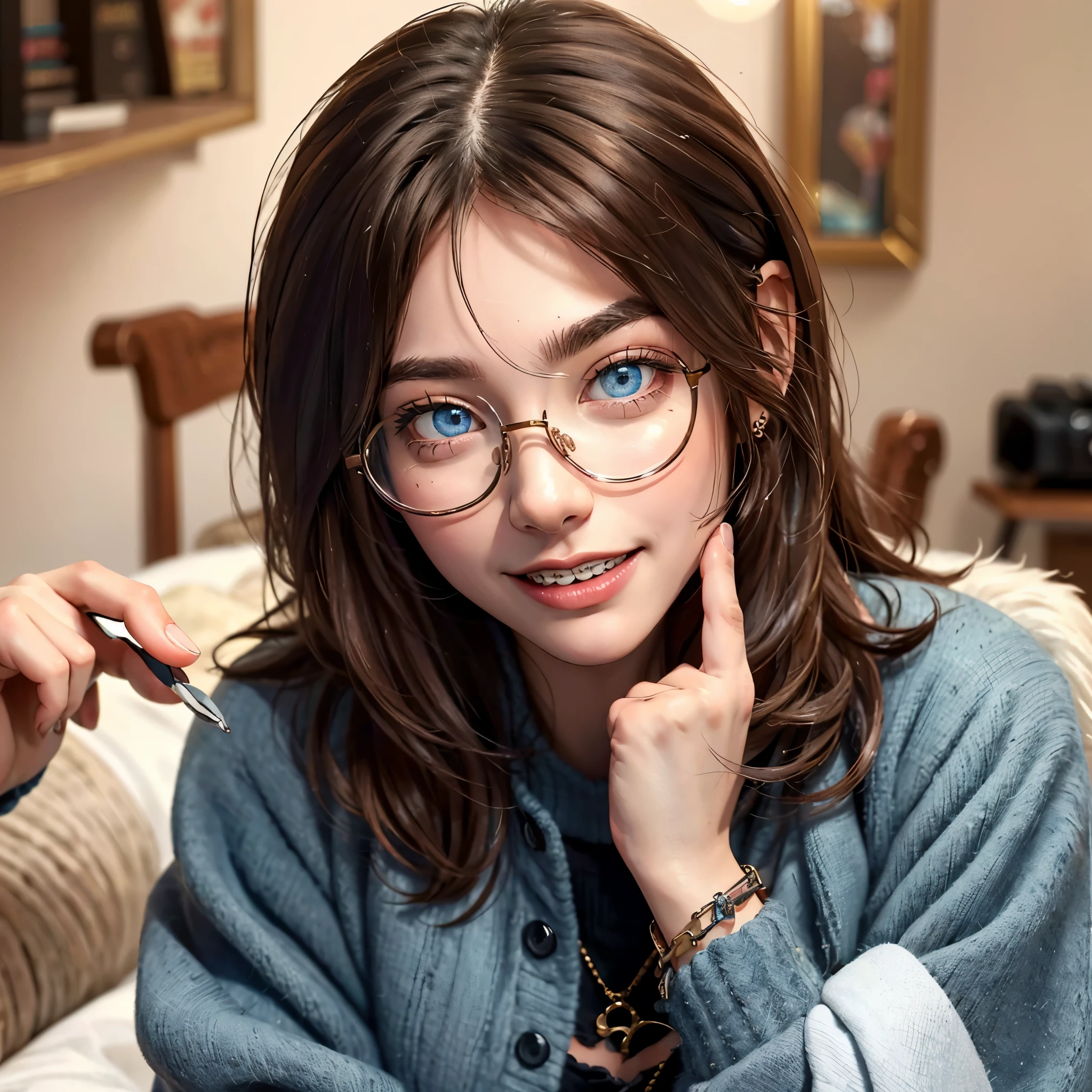 1girl, seductive eyes, braces, glasses, smiling, cute, face focus, blue eyes, blush, brown hair, best quality, masterpiece, highres