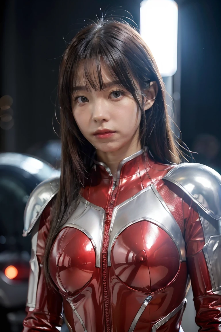 ultraman、realistic、realistic、movie light, Young woman in a shiny red and silver suit、 years、professional photos、wear&#39;Don&#39;t expose your skin., Japanese model, Japanese CGI、ultraman Suit、, Power Rangers set、Tight and thin cyber suit,Has rubber all over.、there&#39;s pink there、 delicate body, big breasts、small ass、thin thighs、Thin arms、Thin waist、camel toe、Both sides of the cybersuit cling to the skin.、Big eyes、black short hair、Facing the front、Facing the front立っている、A glowing sphere is embedded in the chest..、essay exam、 blue sky background