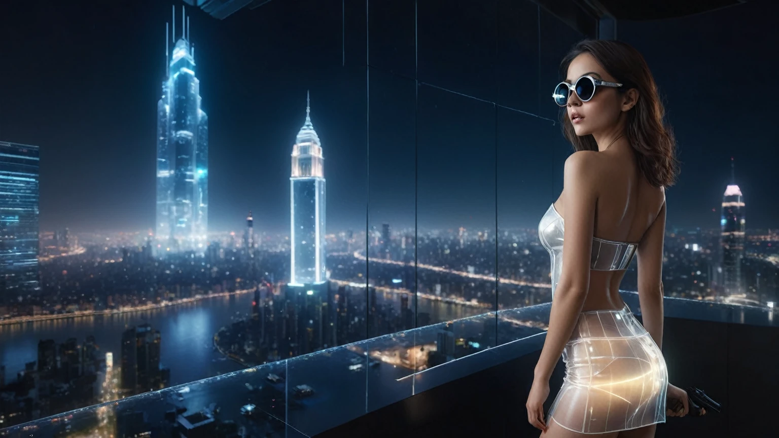 aerial view. Estilo: arte conceitual. A cena: Futuristic cityscapes with all-glass glowing giant ghost clock tower skyscrapers, flying vehicle, 1drone. OLED GUI interfaces in the building, The windows are filled with (transparent data visualization infographics) that show it all, from weather patterns to traffic flow, Matrix cascading code. Matrix style, at night, dark sky, ((1girl, solo)), photo realistic, medium-breast:1.2 slim body, cleavage, tube top, miniskirt, (black sunglasses), (((((pistol alert pose))))), half-body thigh level medium shot, cinematic lighting.