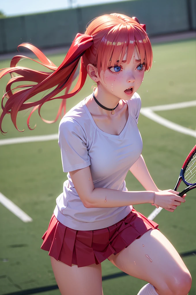 blue eyes, hair ornaments, Hair Ribbon,Show your forehead、Twin tails、 Random color tennis wear, clavicle, Thighs, blush,, Lace choker, short hair,,No bra,,Highly detailed skin, Highly detailed face, (beautiful Fine grain, the girl, Red cheeks), (A girl is standing), The girl is a cute 18-year-old tennis player., (Not wearing a bra, Knee socks、 The girl has a toned figure., Pink tennis wear, Sun visor,, Tennis court, ((I took the photo from the front、The girl contains the whole body)), flowing、Fine grain, Perfect functionality, ( Highest quality, good quality:1.4), Intricate details,Closely、Embarrassed expression、blush、Shining Sweat、Perfect Skin,Sweat is noticeable in the cleavage、、Thighsの汗が目立つ、 Fair skin,Tight waist, Sweating profusely、Sweaty hair、Sweaty clothes、Sweaty、Visible sweat、Sweat-soaked hair、Athlete System、cherry blossoms、Blonde、Silver Hair、Serve Form、Volley Form、Receive form、