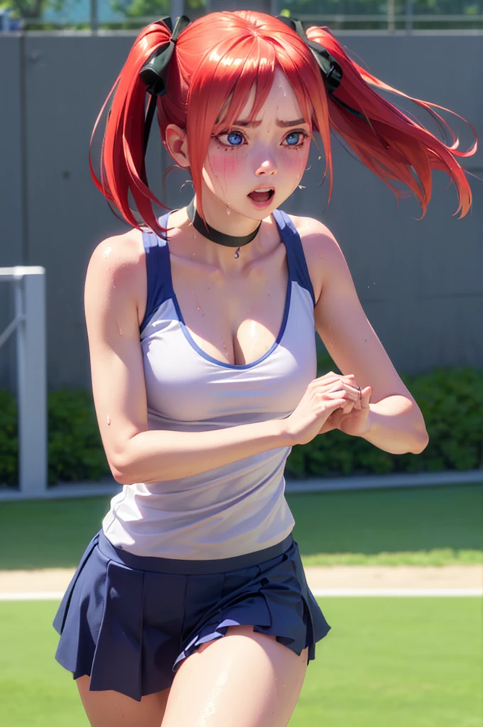 blue eyes, hair ornaments, Hair Ribbon,Show your forehead、Twin tails、 Random color tennis wear, clavicle, Thighs, blush,, Lace choker, short hair,,No bra,,Highly detailed skin, Highly detailed face, (beautiful Fine grain, the girl, Red cheeks), (A girl is standing), The girl is a cute 18-year-old tennis player., (Not wearing a bra, Knee socks、 The girl has a toned figure., Pink tennis wear, Sun visor,, Tennis court, ((I took the photo from the front、The girl contains the whole body)), flowing、Fine grain, Perfect functionality, ( Highest quality, good quality:1.4), Intricate details,Closely、Embarrassed expression、blush、Shining Sweat、Perfect Skin,Sweat is noticeable in the cleavage、、Thighsの汗が目立つ、 Fair skin,Tight waist, Sweating profusely、Sweaty hair、Sweaty clothes、Sweaty、Visible sweat、Sweat-soaked hair、Athlete System、cherry blossoms、Blonde、Silver Hair、Serve Form、Volley Form、Receive form、