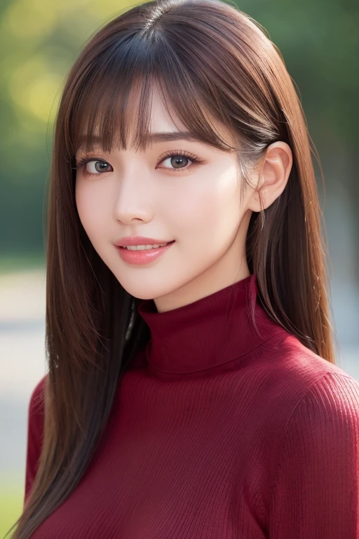 (highest quality、table top、8K、best image quality、Award-winning work)、one beautiful woman、25 years old、(Fixed front configuration:1.1)、(Photo from the front、from the chest up:1.1)、(big and full breasts:1.1)、(emphasize body line:1.1)、(Perfect dark red turtleneck tight knit sweater:1.3)、(upper body photo:1.1)、look at me and smile、(strongly blurred natural park background:1.1)、droopy eyes、natural makeup、With bangs、long hair、Ultra high definition beauty face、(Super high resolution perfect beautiful teeth:1.1)、ultra high definition hair、Super high-definition sparkling eyes、Super high resolution glossy lips、accurate anatomy、(very bright and vivid:1.3)