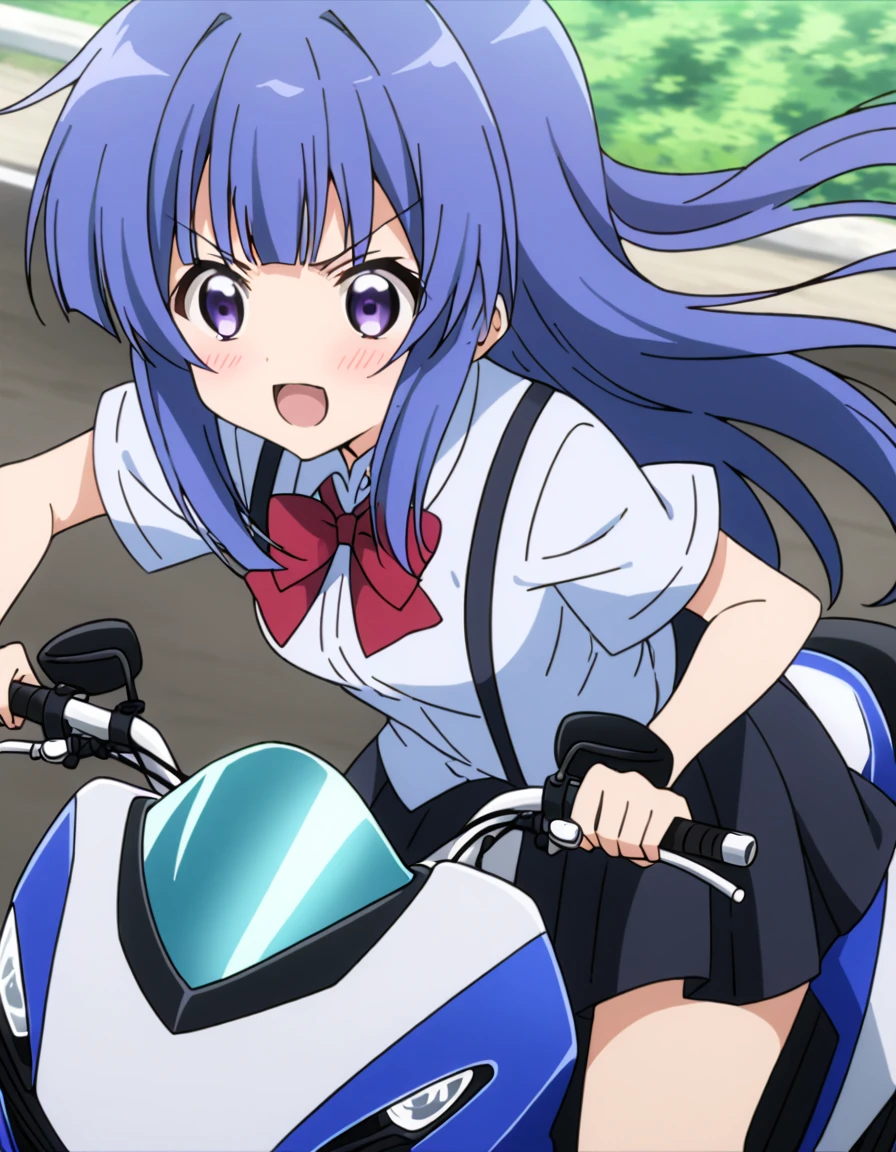 score_9, score_8_up, score_7_up, score_6_up, source_anime,,,,1girl, solo, furude rika, (tween:1), kawaii, blue hair, purple eyes, long hair, blunt bangs, bangs, bow, skirt, shirt, suspenders, smile, short sleeves, pleated skirt, white shirt, open mouth, red bow, ^_^, suspender skirt, , black skirt, collared shirt, blush, bowtie, blunt bangs, dress shirtt, ,  anime coloring.serious,(a girl riding a motorcycle at full speed:1.3),(),),,,(serious expression:1.1)、Dutchangle