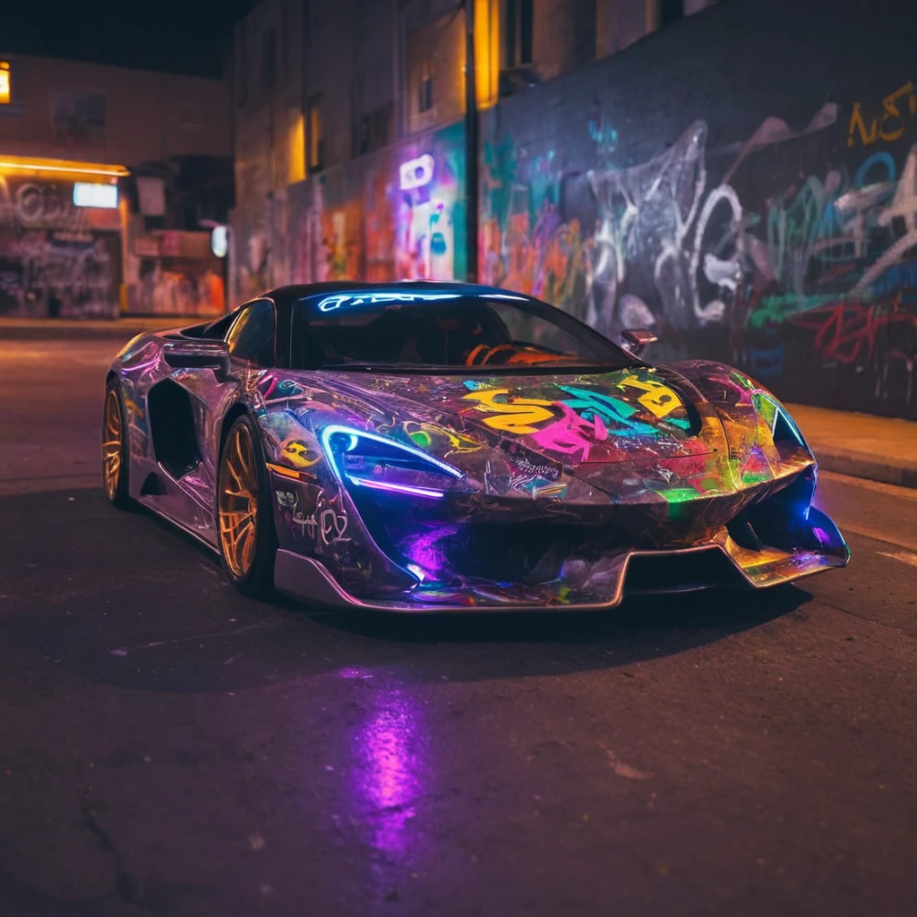 Still cinematic,Supercar,(transparent body:1.3),Gravado graffiti,neon lights,Street,natta,colorfully