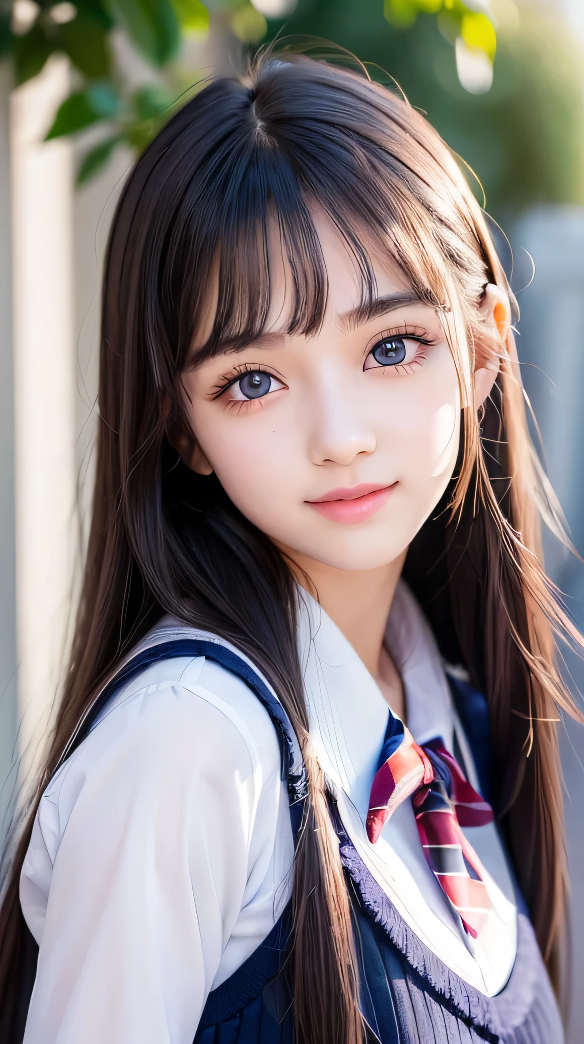(Very beautiful cute girl), (very cute face:1.2),, (sparking crystal clear attractive large eyes), best looks, Beautiful detailed eyes, Detailed double eyelids, (smiling), (realistic photograph:1.2), long straight hair,(dark blue sailor high school uniforms:1.1)
