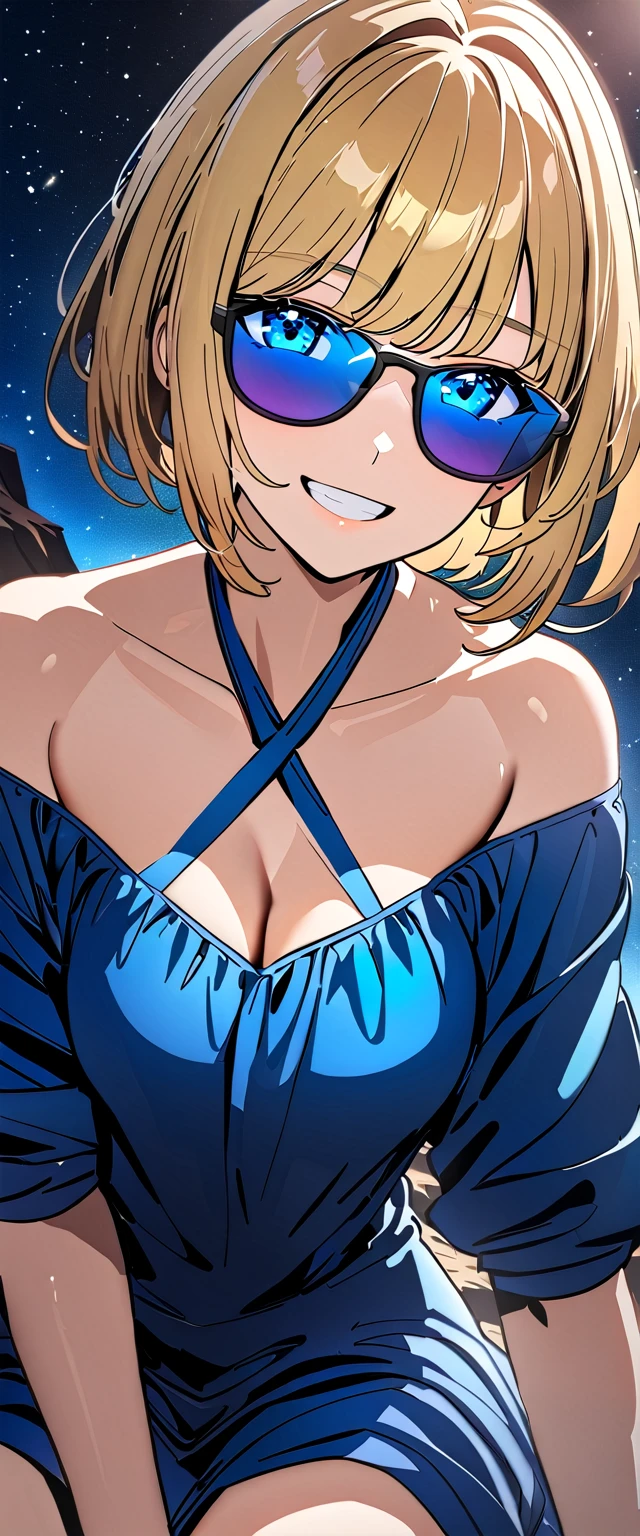((grin)), ((off-shoulder dress:1.3, criss-cross halter)), ((sundress)), ((blond hair, bob cut:1.3)), ((sunglasses, hand to sunglasses)), (((from side))), ((((upper body)))), bare legs, (()), (((a beautiful starry sky, the Milky Way shining beautifully in the night))), ((sitting on the very high cliff)), wavy hair, inward curled hair, ((sea, nature)), breasts, ager, (looking at viewer), oversized clothes, puffy long sleeves, collarbone, head tilt:1.3, (((blue eyes))), happy smile, (((anime style))), (best quality, 4K, 8K, highres, masterpiece:1.2, ultra-detailed, ultra-detailed eyes, HDR, uhd, studio lighting, ultra-fine painting, sharp focus, physically-based rendering, extreme detail description, professional, vivid colors, bokeh)
