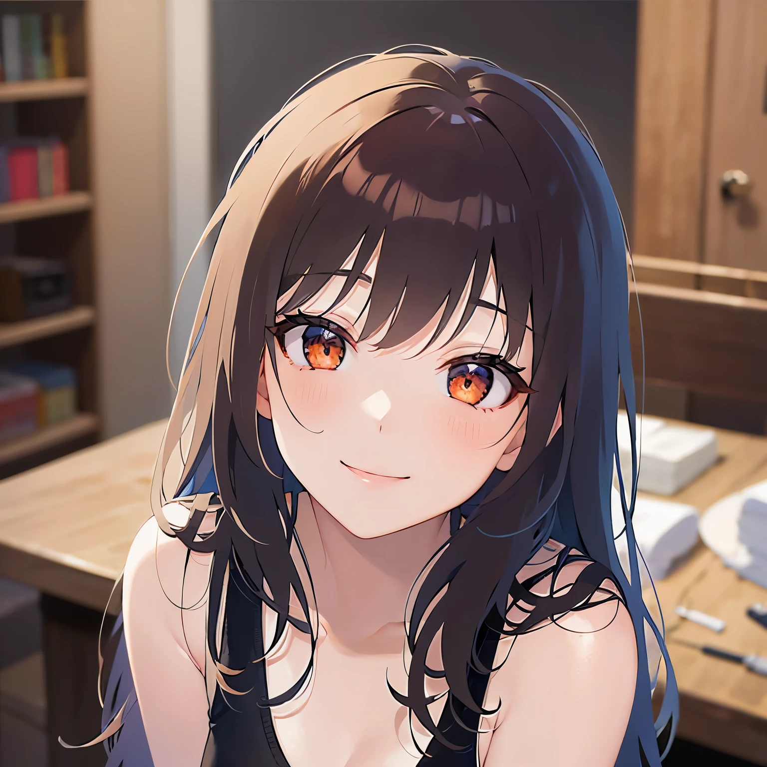 lookin at viewer, Looking up、head tilt、 Realistic, real person, (pale skin: 1.2), RAW photo, photorealistic, shiny skin, shiny hair、 (A 25-year-old woman with medium-length hair and bangs) and (wavy hair) and (brown hair) and (Orange Eyes),（black tank top）, blush,(smile:1.5),The background is the dining room at night