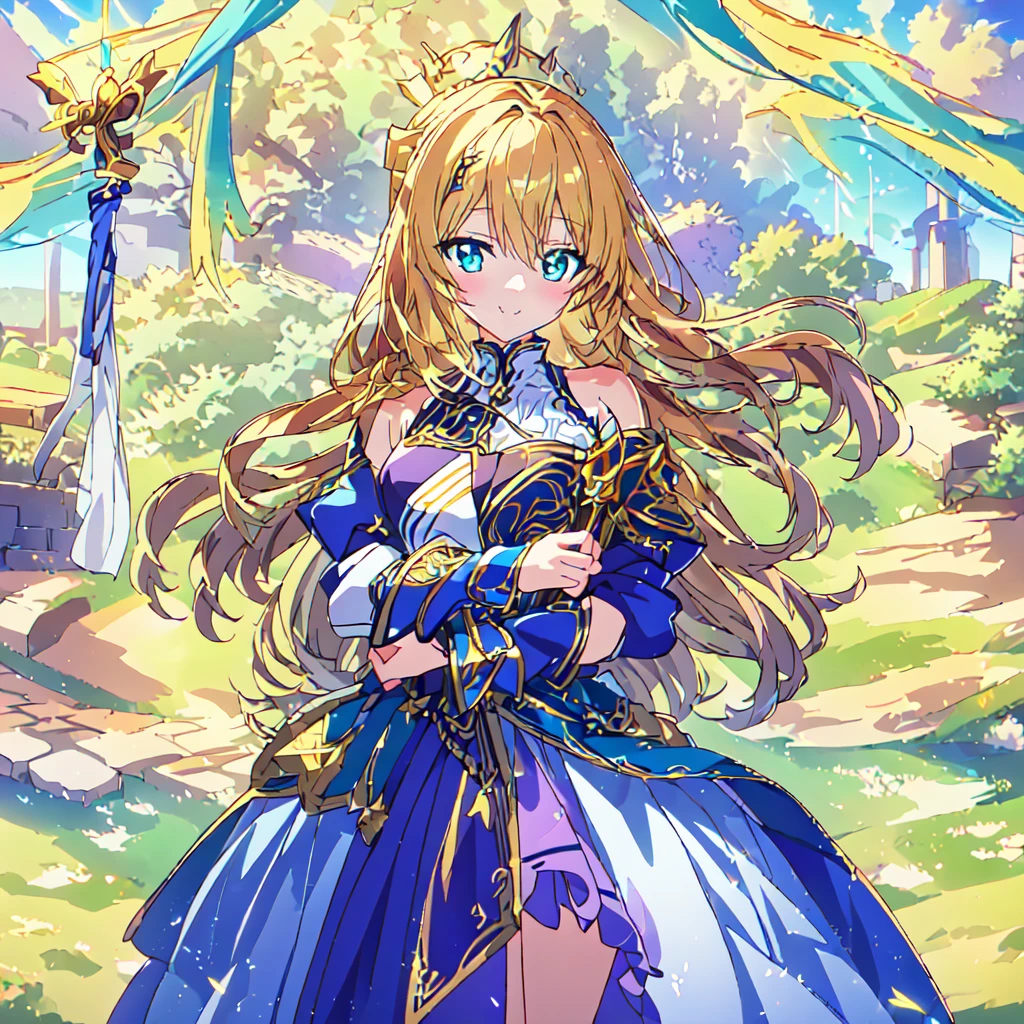 Highest quality, high resolution, High quality anime art style, Valkyrie, cowboy shot,Official Art, Smooth anime CG art,Cute 3D anime girl render, Visual Novel Sprites, White background,Smooth anime CG art, humanoid woman, JRPG Characters, A woman in a white dress and blue armor holding a spear, An intricately designed helmet with white feathers,Small shield, Intricate blue and gold armor,Golden Hair Anime Girl, long hair, Rin々Shii,Large Bust,17 years old,