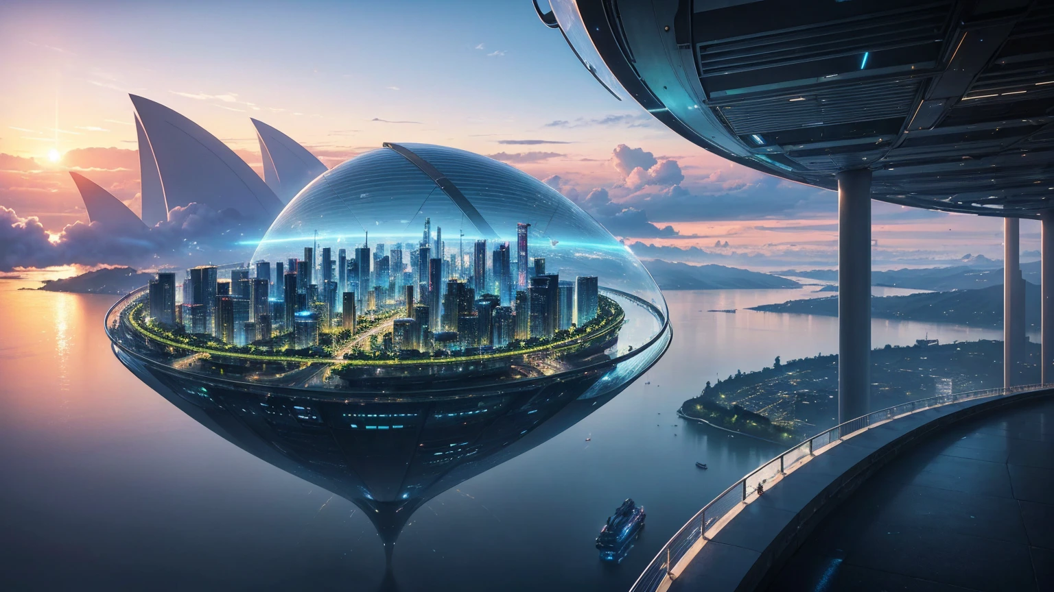 (Best quality,4K,8K,A high resolution,Masterpiece:1.2),Ultra-detailed,(Realistic,Photorealistic,photo-realistic:1.37),Futuristic floating city,Futuristic technology,Huge urban high-tech tablet platform,Airship,Floating in the sky,Futuristic city,Small airships around,High-tech hemispherical platform,Colorful lights,Advanced architecture,modernn architecture,skyscrapper,Access the cloud,Scenic beauty,view over city,Impressive design,Blend seamlessly with nature,energetic and vibrant atmosphere,Futuristic transportation system,Parking is suspended,Transparent path,Lush greenery,Sky gardens,cascading waterfalls,Magnificent skyline,reflections on the water,Sparkling river,Architectural innovation,futuristic skyscrapers,Transparent dome,The shape of the building is unusual,Elevated walkway,Impressive skyline,Glowing lights,Futuristic technology,Minimalist design,Scenic spots,Panoramic view,Cloud Piercing Tower,Vibrant colors,epic sunrise,epic sunset,Dazzling light display,magical ambiance,The future city,Urban Utopia,LuxuryLifestyle,Innovative energy,sustainable development,Smart city technology,Advanced infrastructure,Tranquil atmosphere,Nature and technology live in harmony,Awesome cityscape,Unprecedented urban planning,Architecture connects seamlessly with nature,High-tech metropolis,A cutting-edge engineering marvel,The future of urban living,Visionary architectural concept,Energy-efficient buildings,Harmony with the environment,A city floating above the clouds,Utopian dreams become reality,The possibilities are endless,State-of-the-art transportation network,Green energy integration,Innovative materials,Impressive holographic display,Advanced communication system,Breathtaking aerial view,Quiet and peaceful environment,Modernist aesthetics,Ethereal beauty