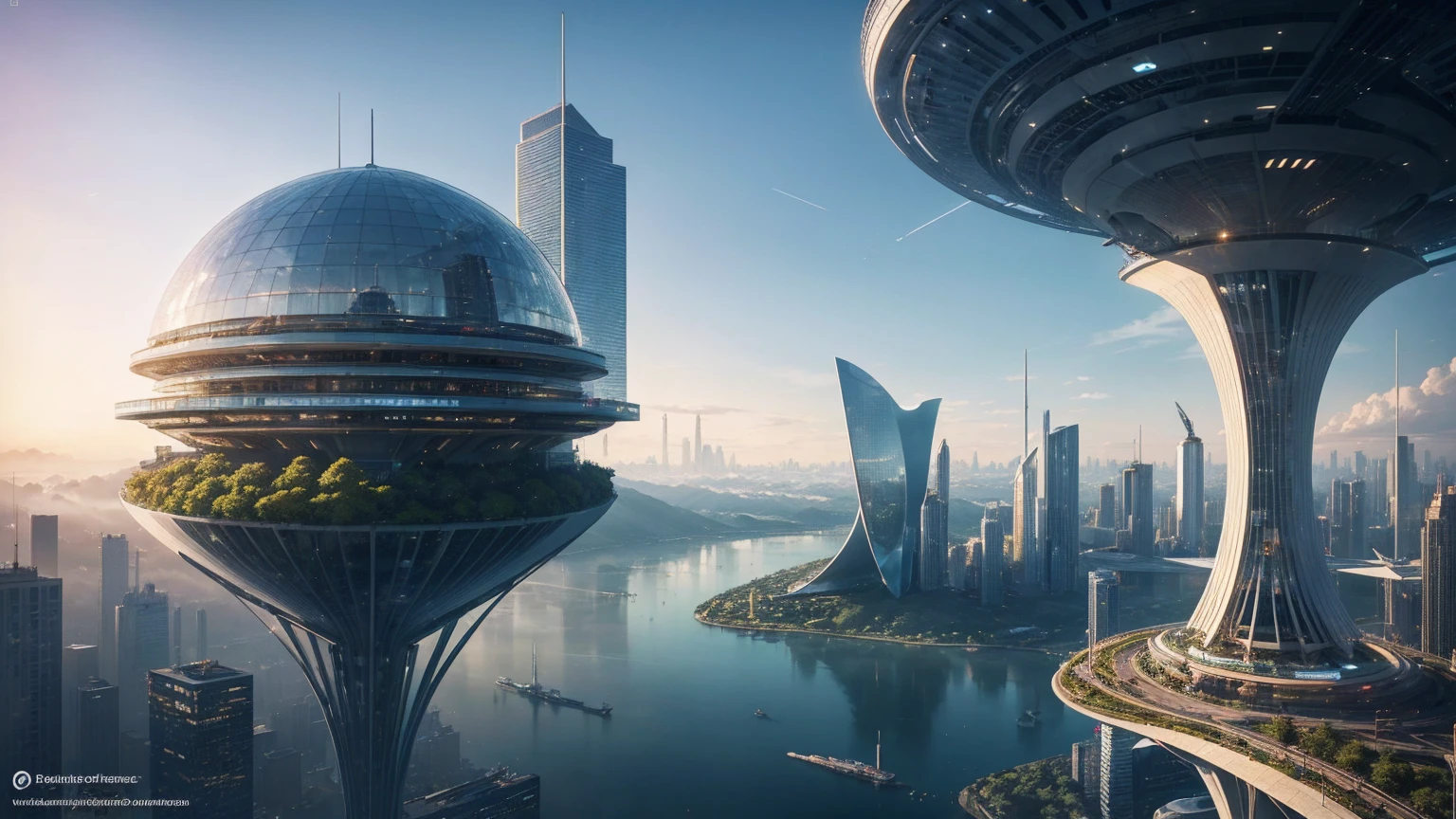 (Best quality,4K,8K,A high resolution,Masterpiece:1.2),Ultra-detailed,(Realistic,Photorealistic,photo-realistic:1.37),Futuristic floating city,Futuristic technology,Huge urban high-tech tablet platform,Airship,Floating in the sky,Futuristic city,Small airships around,High-tech hemispherical platform,Colorful lights,Advanced architecture,modernn architecture,skyscrapper,Access the cloud,Scenic beauty,view over city,Impressive design,Blend seamlessly with nature,energetic and vibrant atmosphere,Futuristic transportation system,Parking is suspended,Transparent path,Lush greenery,Sky gardens,cascading waterfalls,Magnificent skyline,reflections on the water,Sparkling river,Architectural innovation,futuristic skyscrapers,Transparent dome,The shape of the building is unusual,Elevated walkway,Impressive skyline,Glowing lights,Futuristic technology,Minimalist design,Scenic spots,Panoramic view,Cloud Piercing Tower,Vibrant colors,epic sunrise,epic sunset,Dazzling light display,magical ambiance,The future city,Urban Utopia,LuxuryLifestyle,Innovative energy,sustainable development,Smart city technology,Advanced infrastructure,Tranquil atmosphere,Nature and technology live in harmony,Awesome cityscape,Unprecedented urban planning,Architecture connects seamlessly with nature,High-tech metropolis,A cutting-edge engineering marvel,The future of urban living,Visionary architectural concept,Energy-efficient buildings,Harmony with the environment,A city floating above the clouds,Utopian dreams become reality,The possibilities are endless,State-of-the-art transportation network,Green energy integration,Innovative materials,Impressive holographic display,Advanced communication system,Breathtaking aerial view,Quiet and peaceful environment,Modernist aesthetics,Ethereal beauty