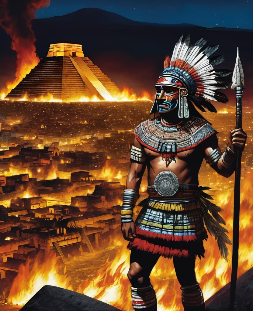 An Aztec warrior posing with his back standing next to a bonfire, panoramic view of the city of Tenochtitlan with the Pyramid of the Sun in the background, invaded by ghosts and specters, night with a full moon.