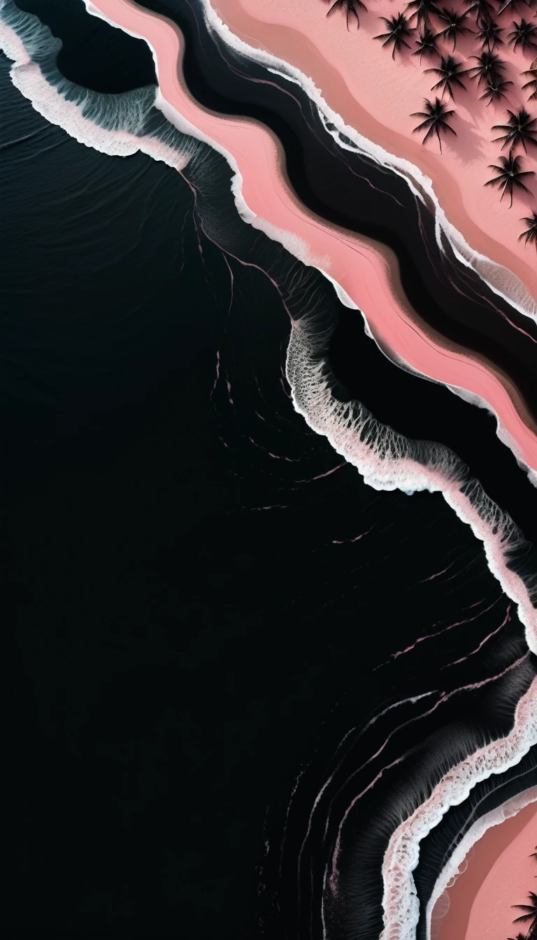 top view,plane geometry,Beautiful black sand beach,Dramatic rose pink ocean,Simple vector landscape,Clean stylized graphic art,High contrast,masterpiece,best quality,8K,Reality,Intricate details,Seamless,Stunning colors,Dramatic Lighting