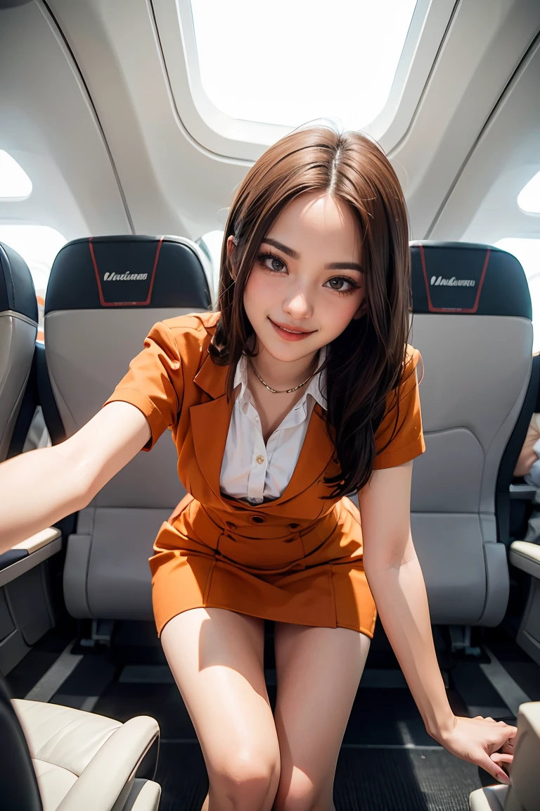 masterpiece,best quality,ultra detailed,8K,super fine illustration,highly detailed beautiful face and eyes,perfect anatomy,professional lighting,1 flight attendant,microskirt and boots uniform,orange and pink dress,smile,airplane interior,dynamic angle,depth of field,chromatic_aberration,masterpiece,best quality,very aesthetic,absurdres,newest,