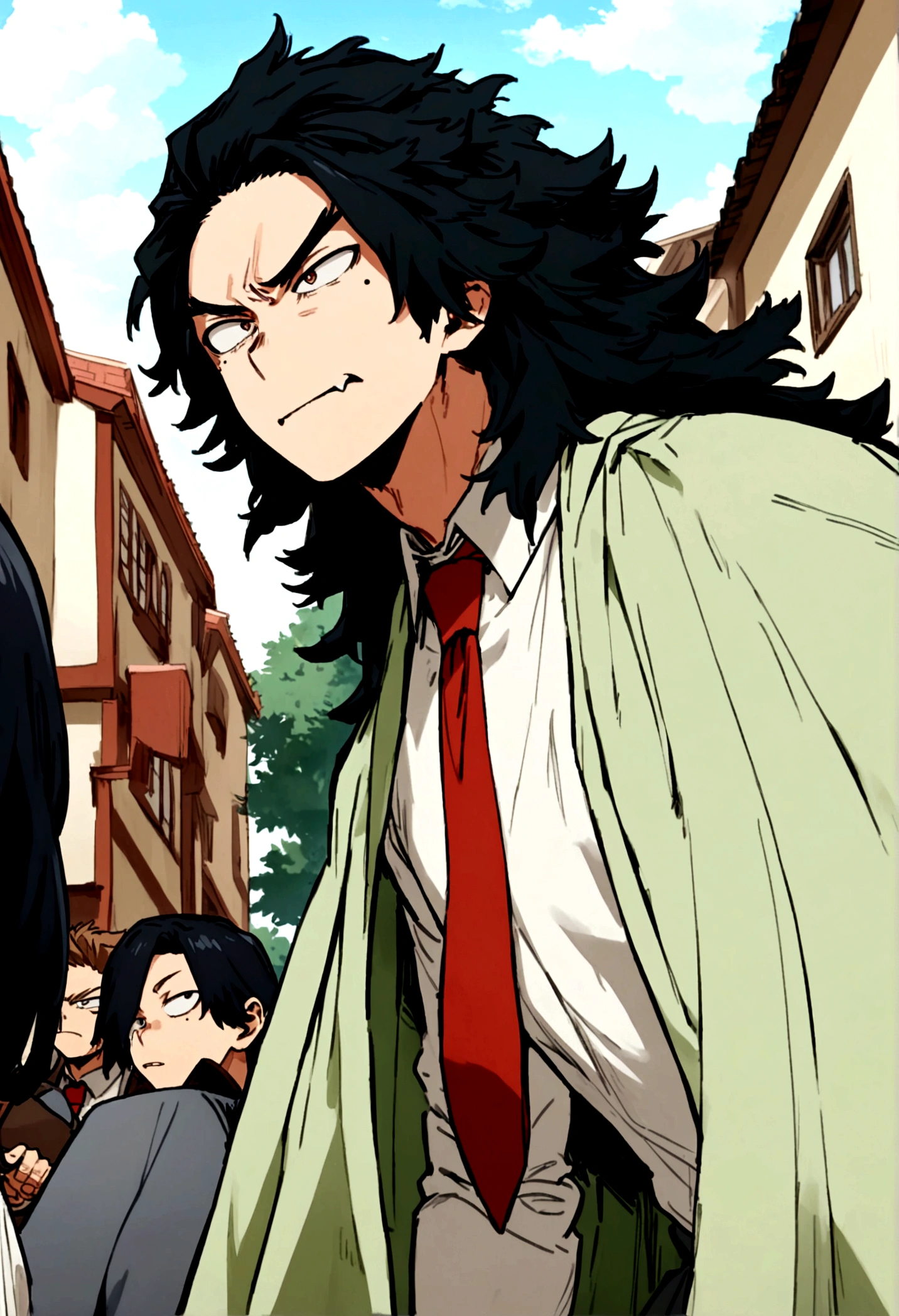 Screenshot My hero Academia.    A boy with long hair, black hair with some dark blue strands, with a serious expression, medium reddish brown eyes, mole under left eye, somewhat protruding fangs, He is wearing a white shirt with green details on the shoulders and a red tie, It has an area with students in the background