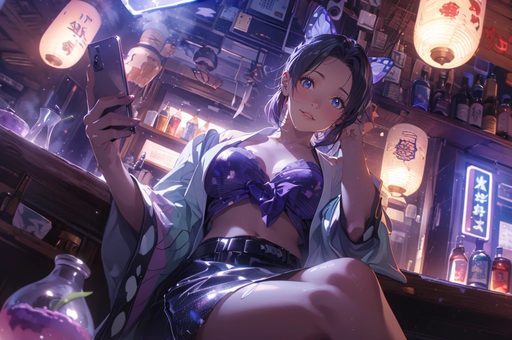 (masterpiece), (best quality), (ultra-detailed), (best illustration), (best shadow), (absurdres), Female, 25 years old, looking at viewer, steam, shy, nose blush, nsfw, medium breasts, nude, o-face, climax, light smile, Kochou Shinobu, Forehead,Black shirt,Black pantsuit,haori,butterflys,obi strip, purple flower,mostly cloudy sky,rays of sunshine,Tyndall effect,Gradient_sky,the face,beautiful sky,Saber on the waist,captivating posture, (Off-the-shoulder attire:1.3), light smile,