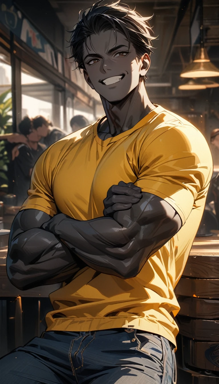Adult guy, black skin, very short black hair, brown eyes, smile, yellow T-Shirt, jeans, muscles, Masterpiece, best quality, Full HD, 8k, ultra details, great graphic