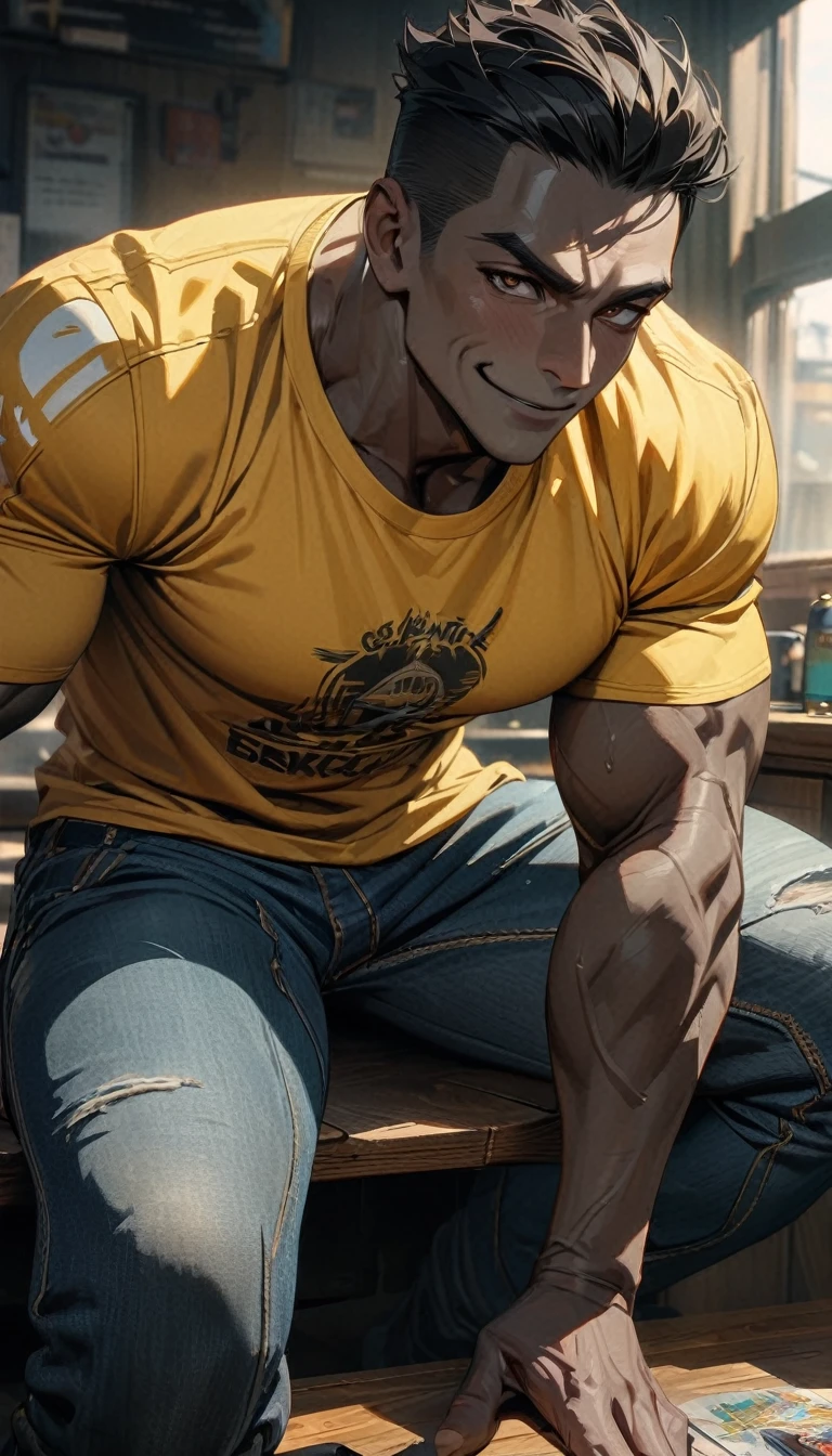 Adult guy, black skin, very short black hair, brown eyes, smile, yellow T-Shirt, jeans, muscles, Masterpiece, best quality, Full HD, 8k, ultra details, great graphic