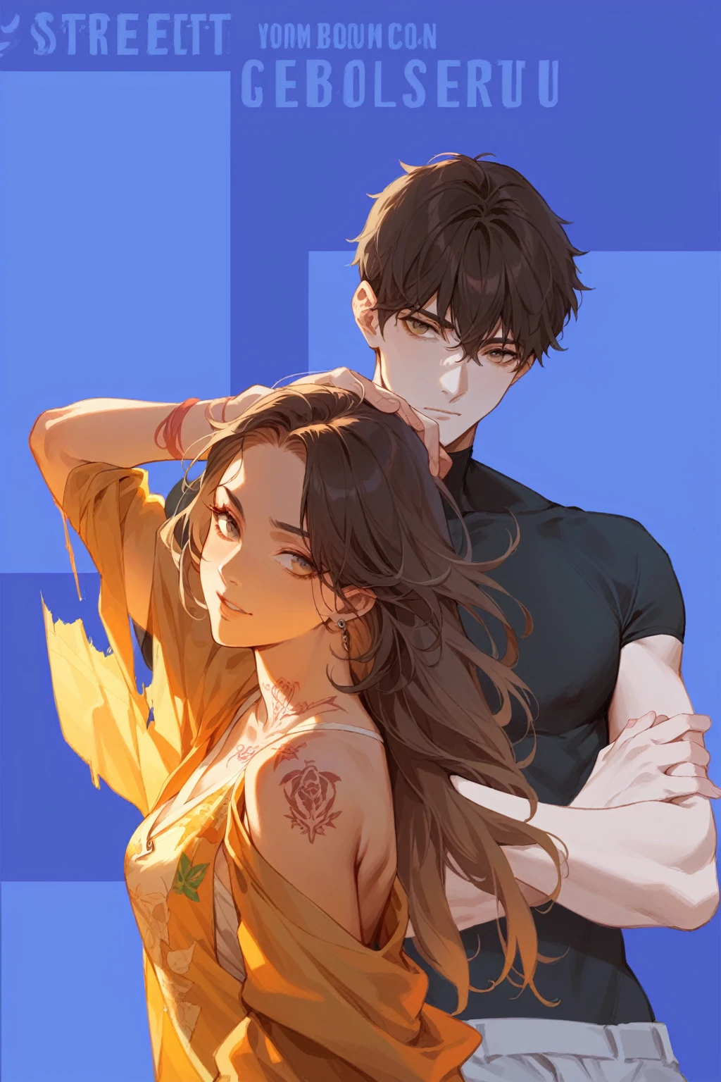 Man with bangs has tattoos on both arms, girl with shoulder-length middle-parted hair, campus couple, holding hands, street view