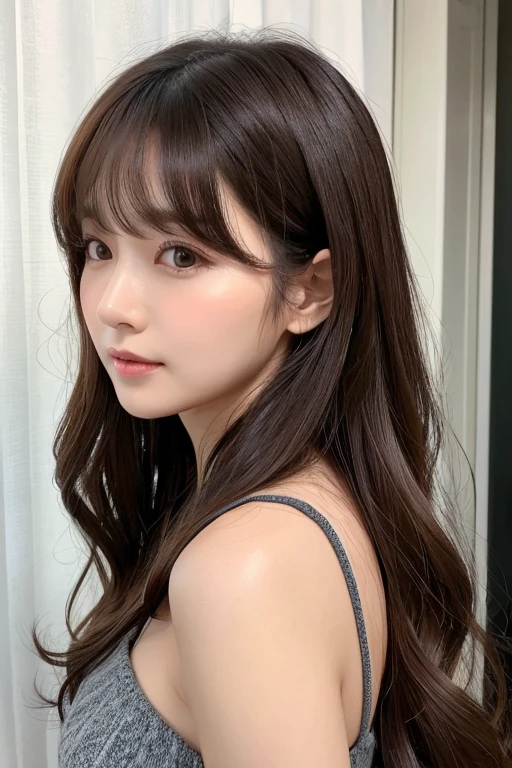 Woman in her early 30s、curtain bangs、dark brown hair、loose wavy hair、Korean Constriction Hair