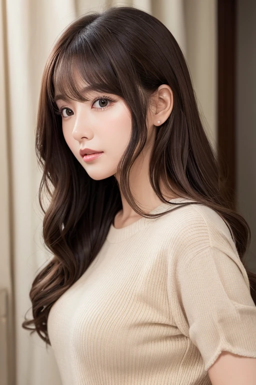 Woman in her early 30s、curtain bangs、dark brown hair、loose wavy hair、Korean Constriction Hair