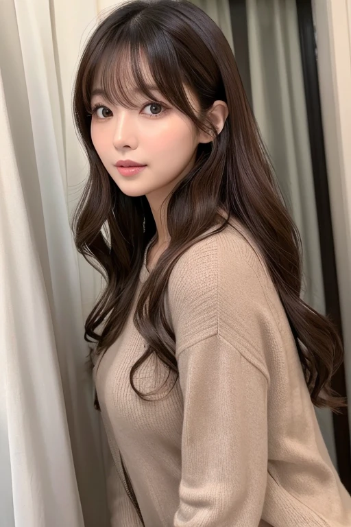 Woman in her early 30s、curtain bangs、dark brown hair、loose wavy hair、Korean Constriction Hair