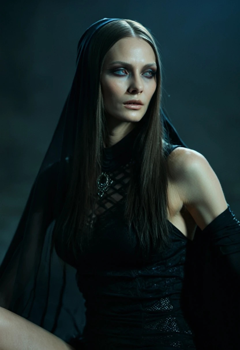 Fashionable of androgynous alien looking witch wearing veil, glowing eyes, beautiful evil slavic muscular woman, pale skin, long hair, futuristic design, minimal details, givenchy, photoreal, 200mm, hd, f/ 2.0, highly detailed, surreal, sitting, light smile, simple black stylish clothes, a slight smiledrop dead, in the style of red and blue, (intricate details, hyperdetailed:1.15) (skin texture:1.2), cinematic, professional, 4k, (((dynamic model pose))), sitting, full body, mesmerizing, dynamic, dramatic, sensual, dynamic pose, highly detailed skin with hair, subcutaneous veins, light and shadow play, highly detailed,24mm photograph, film, bokeh, professional, 4k,