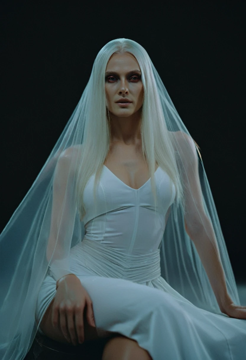 Fashionable of androgynous alien looking witch wearing veil, glowing eyes, beautiful evil slavic muscular woman, pale skin, long hair, futuristic design, minimal details, givenchy, photoreal, 200mm, hd, f/ 2.0, highly detailed, surreal, sitting, light smile, simple white stylish clothes, a slight smiledrop dead, in the style of red and blue, (intricate details, hyperdetailed:1.15) (skin texture:1.2), cinematic, professional, 4k, (((dynamic model pose))), sitting, full body, mesmerizing, dynamic, dramatic, sensual, dynamic pose, highly detailed skin with hair, subcutaneous veins, light and shadow play, highly detailed,24mm photograph, film, bokeh, professional, 4k,