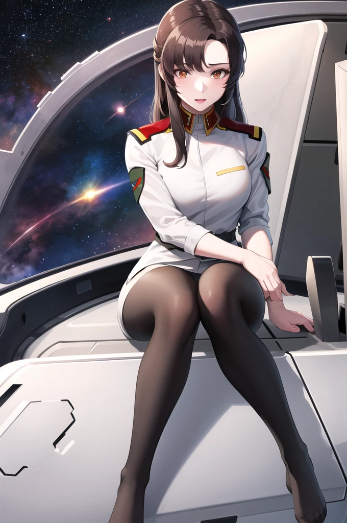 masterpiece, Highest quality, High resolution, Ramius 1, One girl, alone, (black_pantyhose:1.1), army uniform, army, compensate, White shirt, White Skirt, Tight Skirt, Sitting, Upper Body, cockpit, space, Open your mouth,Fully nude