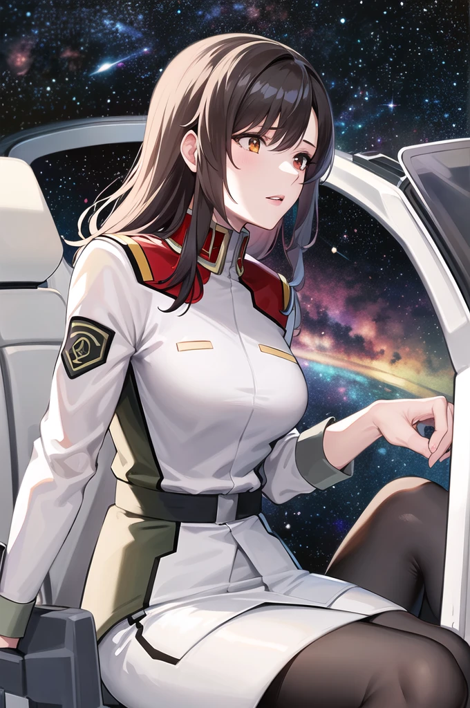 masterpiece, Highest quality, High resolution, Ramius 1, One girl, alone, (black_pantyhose:1.1), army uniform, army, compensate, White shirt,  White Skirt, Tight Skirt, Sitting, Upper Body, cockpit, space, Open your mouth,Fully nude