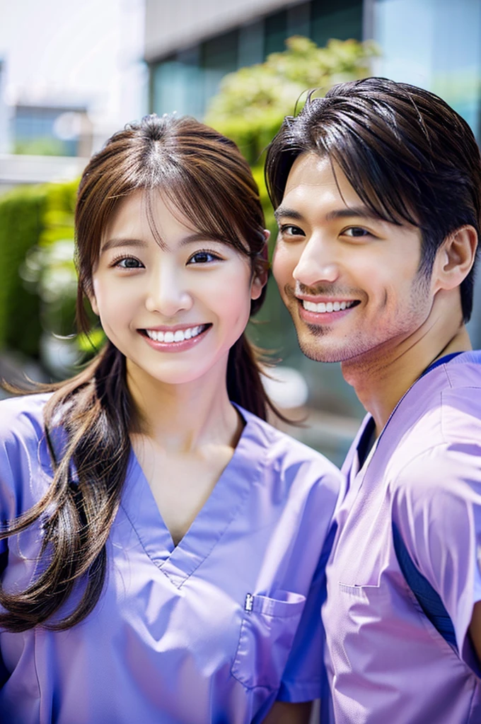 Male dentist and female dental hygienist　２people　A good business partner　日本people　Handsome Men and Beautiful Women　Wearing scrubs　Upper body close-up　high resolution　high resolution　Highest quality　smile　Shooting outside