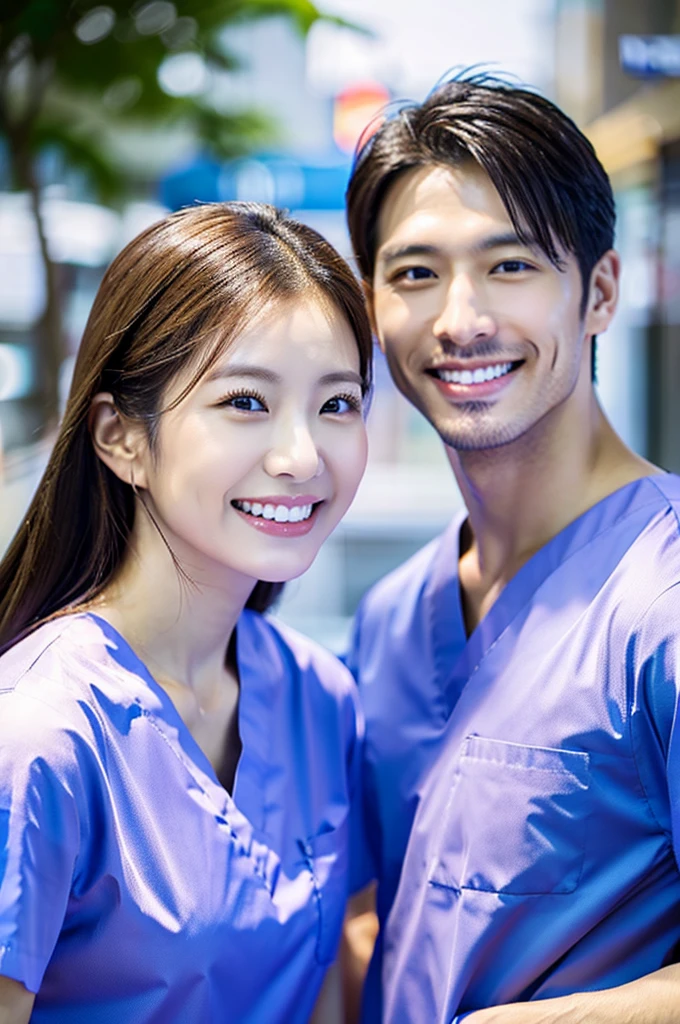 Male dentist and female dental hygienist 2people A good business partner 日本people Handsome Men and Beautiful Women Wearing scrubs Upper body close-up high resolution high resolution Highest quality smile Shooting outside