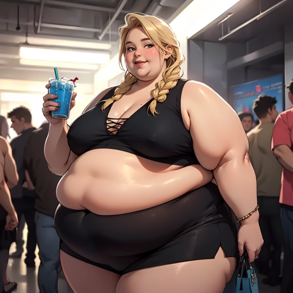 (masterpiece, detailed, realistic:1.2), high aesthetic, beautiful young woman, USSBBW, (morbidly obese, fatblob:1.3), colledge girl, crowded party, holding drink, open smile, skimpy clothes, blonde braided hair