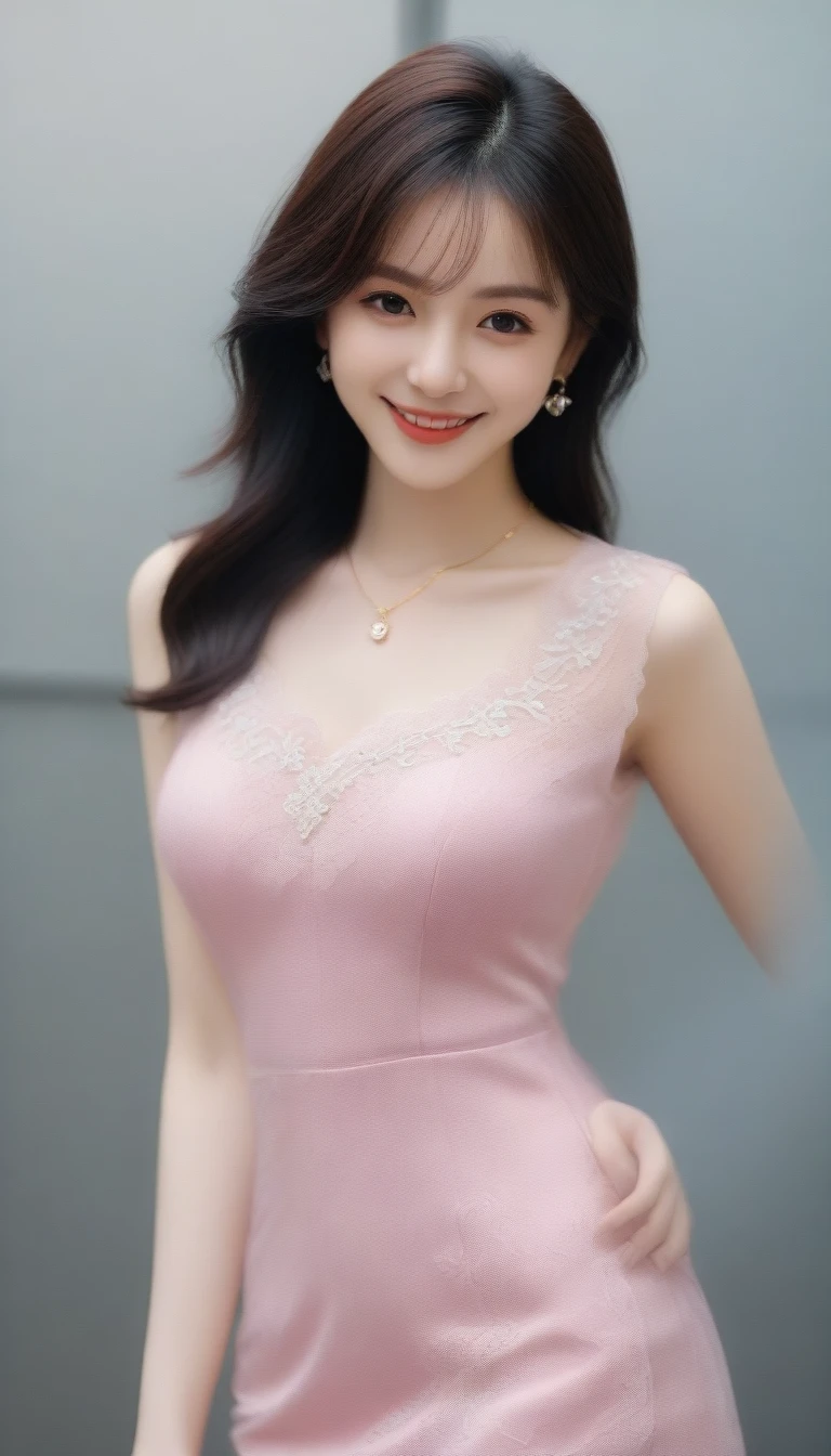 8K, masterpiece, RAW Photos, Highest quality, Realistic, 非常に詳細な CG ユニティ 8K 壁紙, Depth of written boundary, Cinematic Light, Lens flare, Ray Tracing, (Very beautiful face, Beautiful Lips, Beautiful Eyes), Exquisitely detailed face, ((Highly detailed skin)) One girl, In the Dark, Deep Shadow, Cute Korean Girl, K-Pop Idols, 1 Girl, (Very slim slender fit-muscled body:1.3), ((View your viewers)),(Big smile:1.3), (Hot pink collar blouse), (No sleeve) , (Fashion City Night, Dark Night, (Neon Signs), (Blurred Background), Fashion Street Night),(No people in the background:1.3), Beautiful earrings, bracelet, necklace, pantyhose, Clear Eyes, walking, (Pale skin), (Big eyes), Look forward, ((Upper Body Shot)), ((Silk collar dress:1.3)),(Brown Hair),((tight fitting Lace dress)), (Lace dress), (See through), (View your viewers:1.3) Open chest, Very slim, Medium chest, Turn back,((Buckshot)), See through, Medium Butt