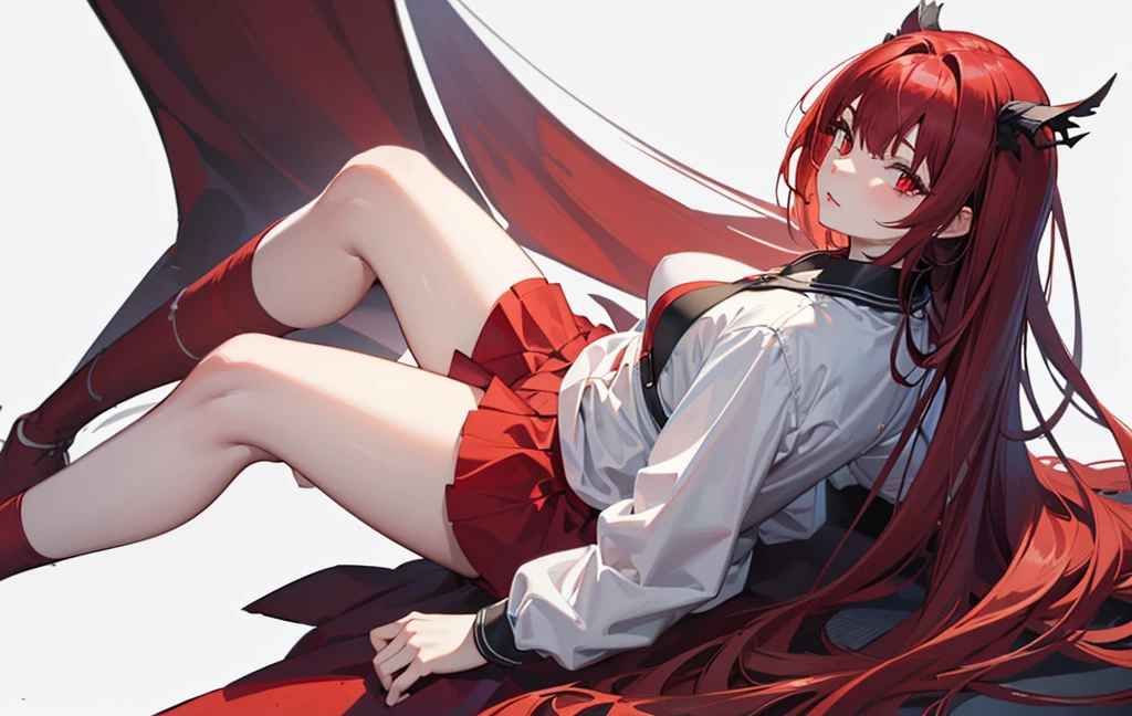 6k, realist, ultra detailed, 1 girl, ((medium breasts, medium big butt)), short reddish hair, White skin, detailed red eyes, sensual look, Long sleeve shirt, Short skirt, ((White background)), ((posing lying down)), (looking at the viewer)