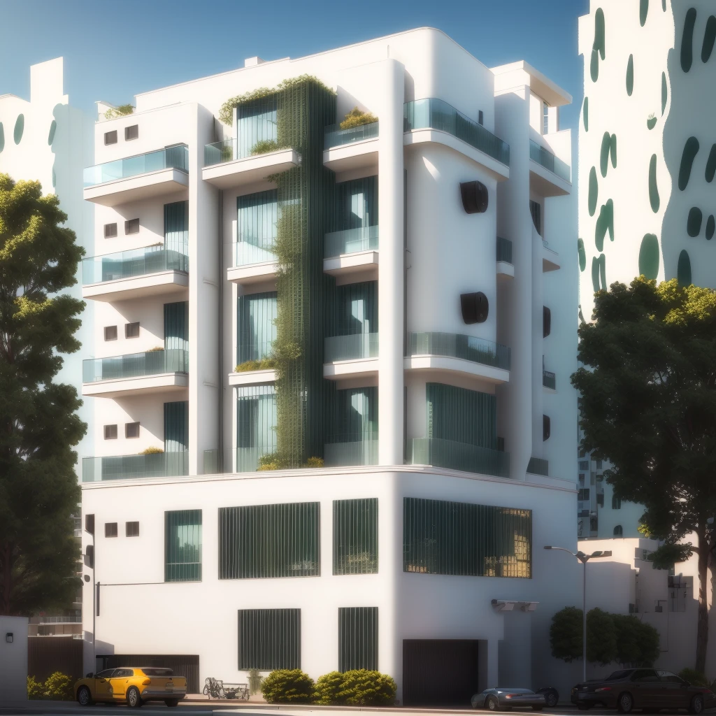 rendering of a modern apartment building with a truck parked in front, building facing, full building, wide angle exterior 2022, mid-view, realistic building, high render, white building, architectural 3 d render, precise architectural rendering, single building, multistory building, front-view, frontview, freddy mamani silvestre facade, architecture render