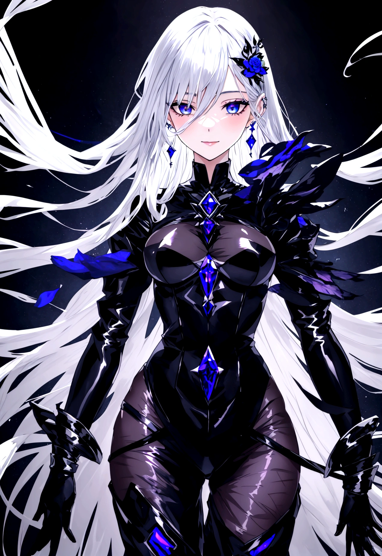 Feminine boy, soft womanish facial features, smile, squinted siren dark blue eyes without glare, silver and dark purple long loose hair with straight bang, fantasy black clothes with blue and purple elements, long black gloves, model, gorgeous, elegant, lots of silver jewelry, flowers in his hair, skinny body, hourglass figure, light lipstick, pants