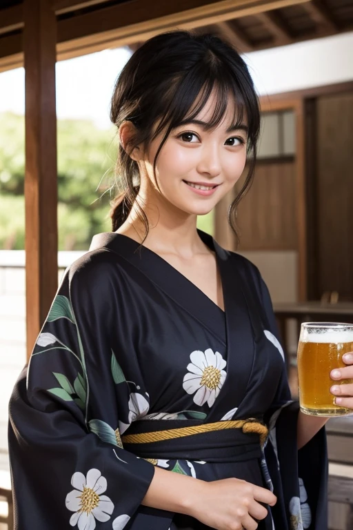 cute、yukata、girl、Holding a beer glass、Black Hair