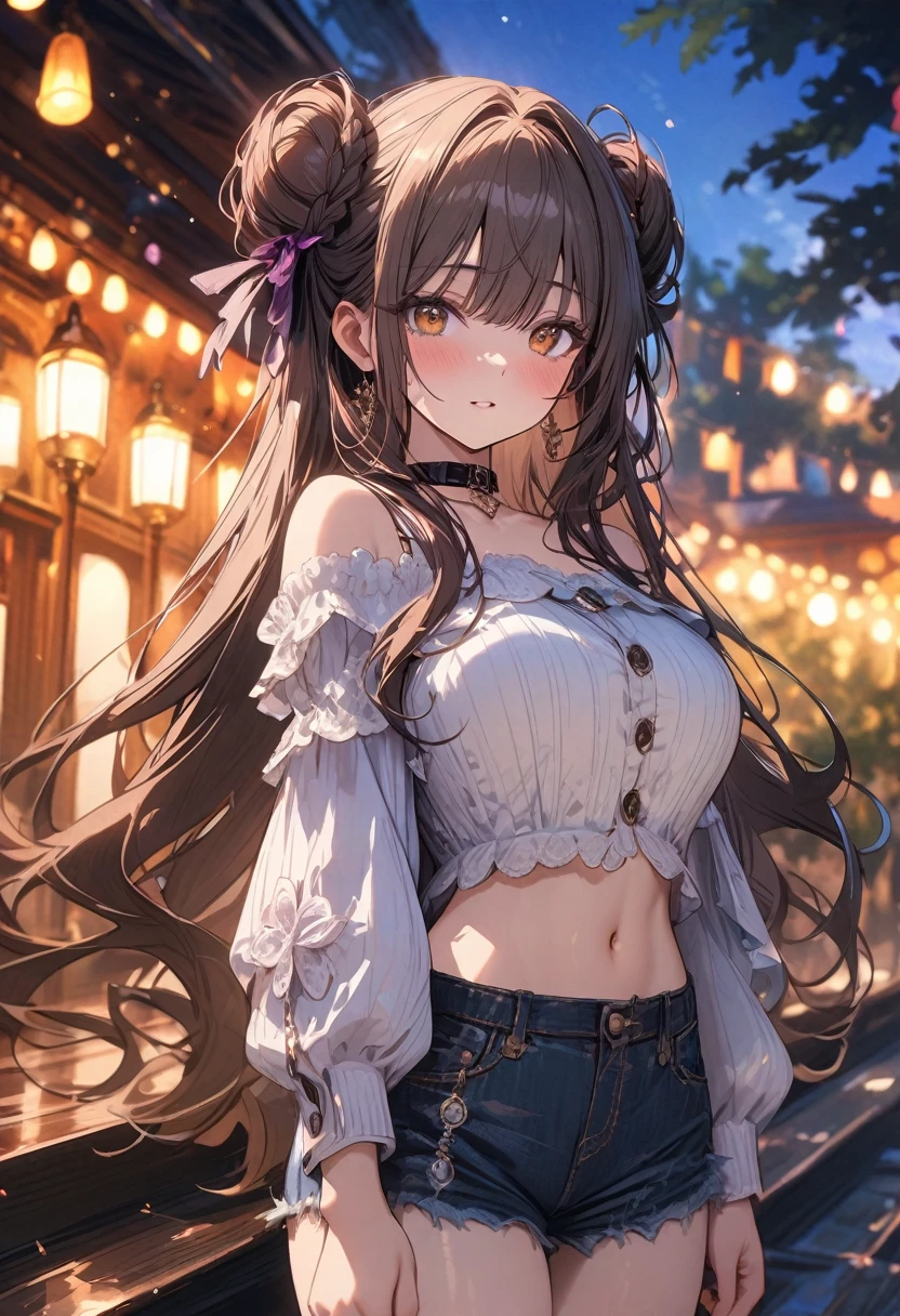 (masterpiece), best quality, very aesthetic, newest, absurdres, detailed, high quality
BREAK
highest quality, top quality, details, highres, ultra fine painting, digital art, official art, cinematic, 4k, 8k resolution, 8K CG wallpaper, CG, original artwork, detailed background, colorful background, blue atmosphere, High Dynamic Range, blurry background, blue hour, Starburst effects, crepuscular rays, good ISO, high resolution, wide shot, from far away, RAW photo, POV, sharp focus, light reflection, reflections, intricate details, soft light, particle noise, professional photography, bokeh, depth of field, natural lighting, vibrant colors, looking away, detailed lights and shadows, stylish, ultra-detailed, top rated on Pixiv, trending on Artstation, niji style, modern-days, master crafted, pose
BREAK
solo, (close up), 1girl, pale skin, correct fingers, detailed hand, (big breasts:1.2), big thighs, small torso, short body, flushtered, blush, anxious expression, embarassed, embarassed act, casual, slim, ((cute, childlike face):1.3), nice body, nice hips, brown hair, (very long flowing hair), (big 2 buns hairstyle)), long bangs, long hair, middle hair bangs, brown eyes
BREAK
(white frilly loose-fitting crop shirt, long sleeve, panties underwear, pantsless, choker, casualwear style, detailed tummy, belly button, modern fashion)
BREAK
tranquil park scene, the park features lush, green grass, a variety of trees in different shapes and sizes, Include a vibrant flower garden with a mix of colorful blooms.