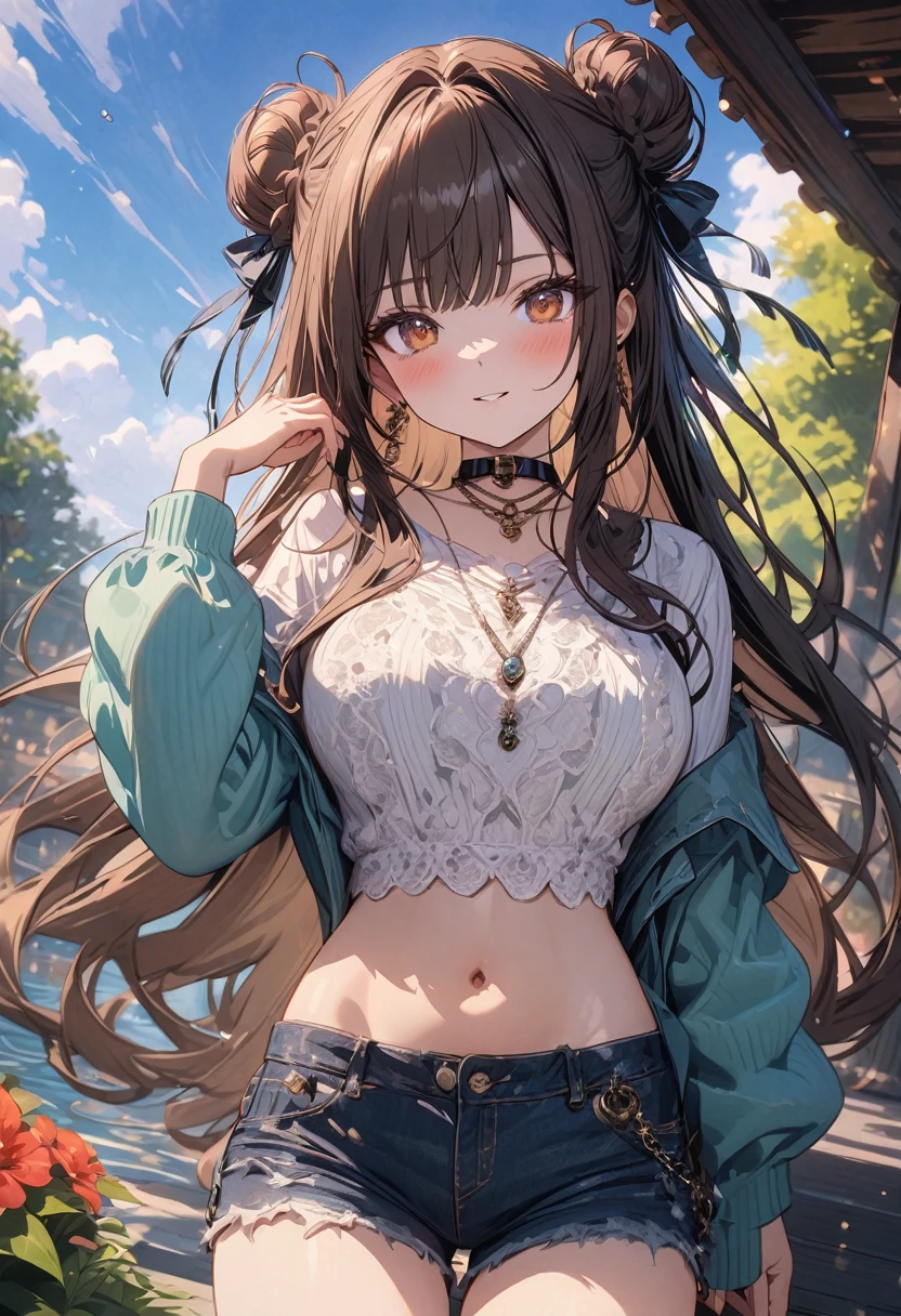 (masterpiece), best quality, very aesthetic, newest, absurdres, detailed, high quality
BREAK
highest quality, top quality, details, highres, ultra fine painting, digital art, official art, cinematic, 4k, 8k resolution, 8K CG wallpaper, CG, original artwork, detailed background, colorful background, blue atmosphere, High Dynamic Range, blurry background, blue hour, Starburst effects, crepuscular rays, good ISO, high resolution, wide shot, from far away, RAW photo, POV, sharp focus, light reflection, reflections, intricate details, soft light, particle noise, professional photography, bokeh, depth of field, natural lighting, vibrant colors, looking away, detailed lights and shadows, stylish, ultra-detailed, top rated on Pixiv, trending on Artstation, niji style, modern-days, master crafted, pose
BREAK
solo, (close up), 1girl, pale skin, correct fingers, detailed hand, (big breasts:1.2), big thighs, small torso, short body, flushtered, blush, anxious expression, embarassed, embarassed act, casual, slim, ((cute, childlike face):1.3), nice body, brown hair, (very long flowing hair), (big 2 buns hairstyle)), long bangs, long hair, middle hair bangs, brown eyes
BREAK
(white loose-fitting crop shirt, long sleeve, denim shorts, choker, casual wear style, detailed tummy, belly button, modern fashion) 
BREAK
tranquil park scene bathed in the soft glow of late afternoon sunlight. The park features lush, green grass, a variety of trees in different shapes and sizes, and a serene pond reflecting the sky. Scattered benches and winding pathways invite visitors to stroll and relax. Include a vibrant flower garden with a mix of colorful blooms, and a charming old-fashioned lamppost casting a gentle light.