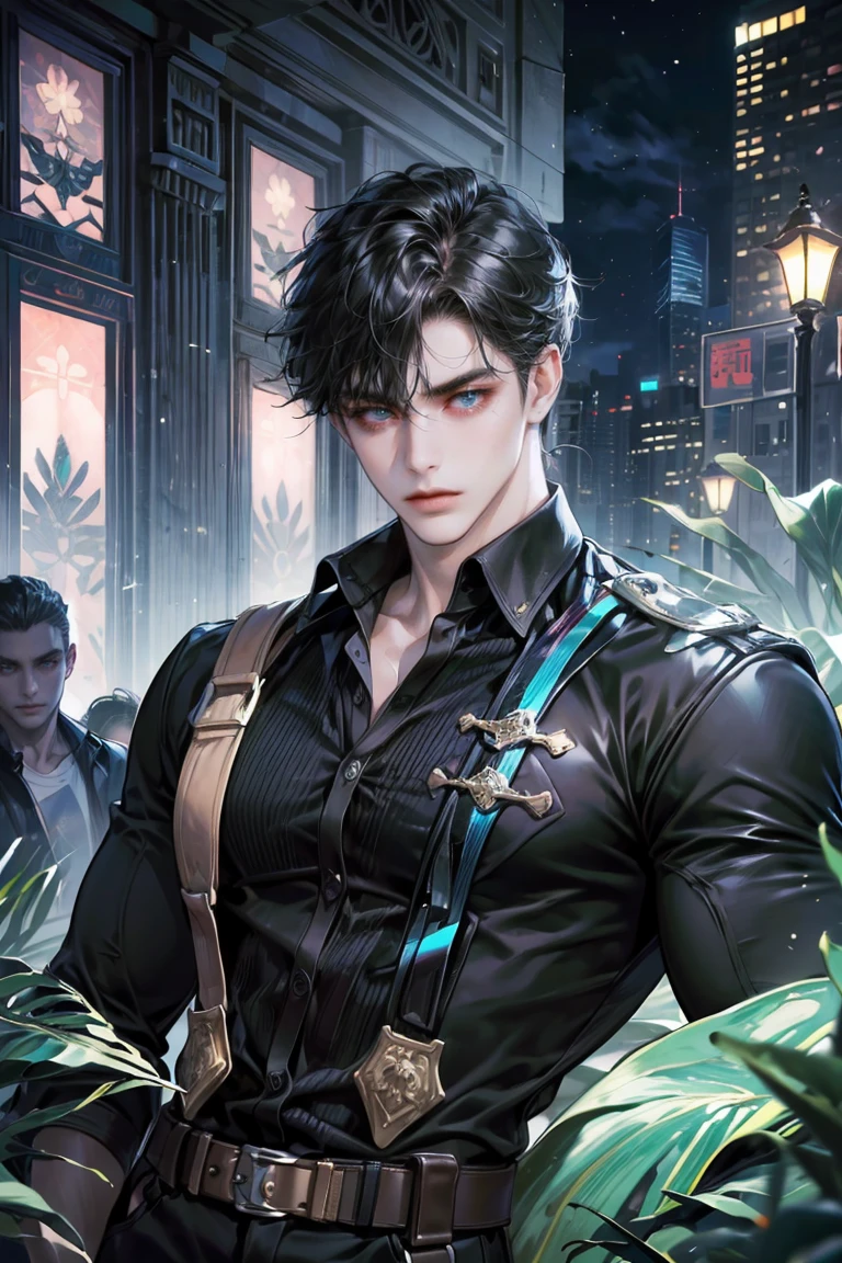(absurdres, highres, ultra detailed, original character, HDR), 1 boy, solo, adult, handsome, ((tall muscular guy, broad shoulders)), finely detailed eyes, (black hair), hair between eyes, turquoise eyes, holographic, futuristic, casual and sexy outfit, gun holster, (body tight white shirt), ((large man breasts)), ((wearing an earring)), (portrait), dutch angle, face focused, british colonial scenery, dystopian hong kong city, skyscrapers, closed mouth, looking at viewer, depth of field, bokeh
