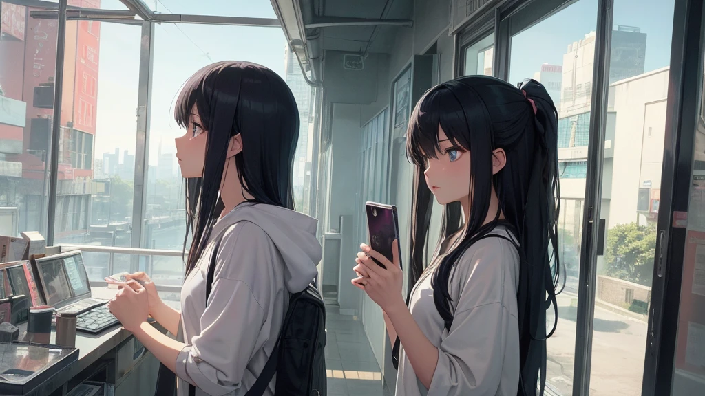 Absurd, Ultra-high resolution, (Official Art, beautifully、mysterious:1.2), Correct human body composition, Impressive eyes, Long, shiny black hair, Larger than average bust, Girl listening to music with headphones, Looking out the window, Lo-fi Girl, and oversized hoodie, Makoto Shinkai and Artgelm, Anime atmosphere, Lofi art style, Anime style 8k, Anime Aesthetics, Lo-fi feeling, Anime Art Wallpapers 8K, An atmosphere of praise, City girl's room, City view from the window, Emotional cityscape, Bright Sky