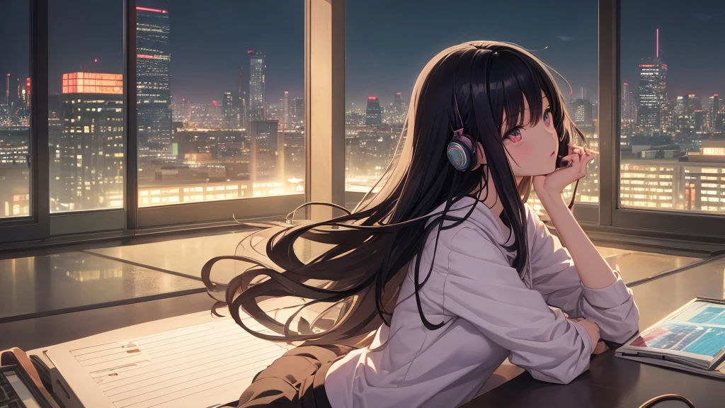 Absurd, Ultra-high resolution, (Official Art, beautifully、mysterious:1.2), Correct human body composition, Impressive eyes, Long, shiny black hair, Larger than average bust, Girl listening to music with headphones, Looking out the window, Lo-fi Girl,  and oversized hoodie, Makoto Shinkai and Artgelm, Anime atmosphere, Lofi art style, Anime style 8k, Anime Aesthetics, Lo-fi feeling, Anime Art Wallpapers 8K, An atmosphere of praise, City girl&#39;s room, City view from the window, Emotional cityscape, Bright Sky