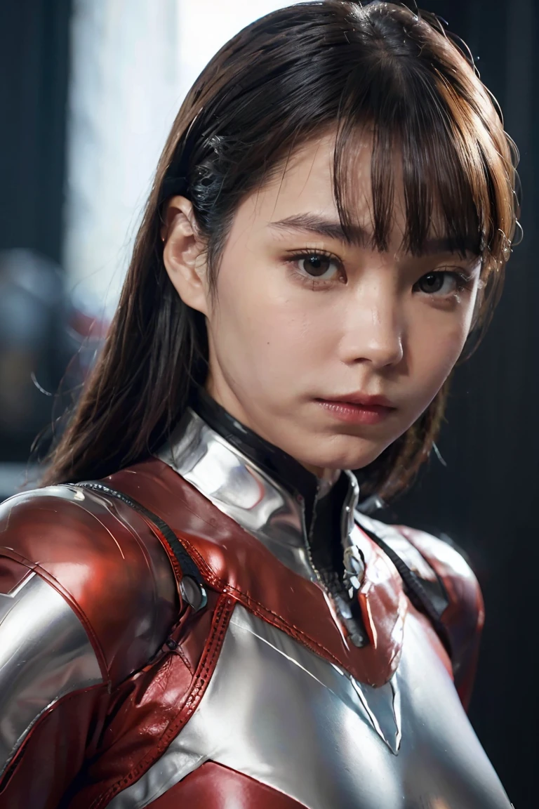 ultraman、realistic、realistic、movie light, Young woman in a shiny red and silver suit、 years、professional photos、wear'Don't expose your skin., Japanese model, Japanese CGI、ultraman Suit、, Power Rangers set、Tight and thin cyber suit,Has rubber all over.、there's pink there、 delicate body, big breasts、small ass、thin thighs、Thin arms、Thin waist、camel toe、Both sides of the cybersuit cling to the skin.、Big eyes、black short hair、Facing the front、Facing the front立っている、A glowing sphere is embedded in the chest..、essay exam、 blue sky background